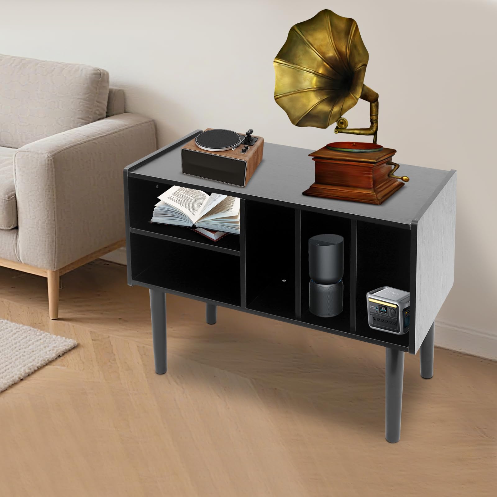 Supporto per giradischi della metà del secolo con contenitore in vinile per fino a 220+ album, Black Vinyl Holder Storage Shelf for Bedroom Living Room