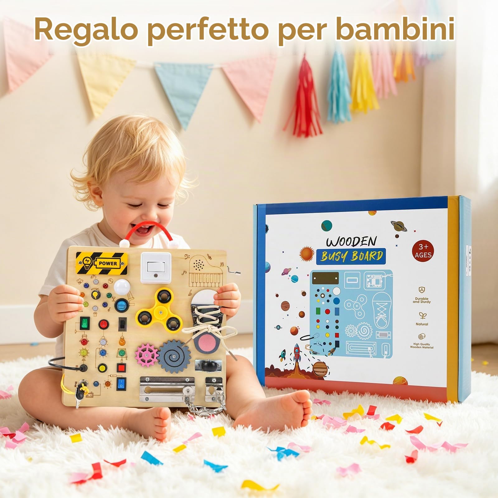 Montessori Busy Board Activity Board a partire da 1 anno, giocattolo educativo motorio sensoriale, giocattolo in legno, giocattolo di apprendimento sensoriale luminoso con meccanismo