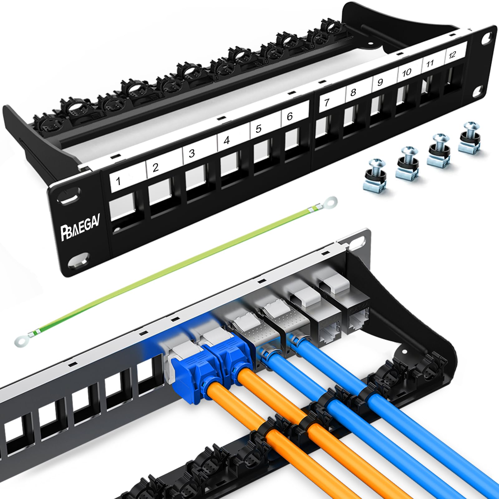 PBAEGAV 12 Port Patch Panel Blank UTP/STP 1U 19“ Keystone Patch Panel with Cable Management and Support Bar Compatible with LC/SC/ST/FC/USB/HDMI