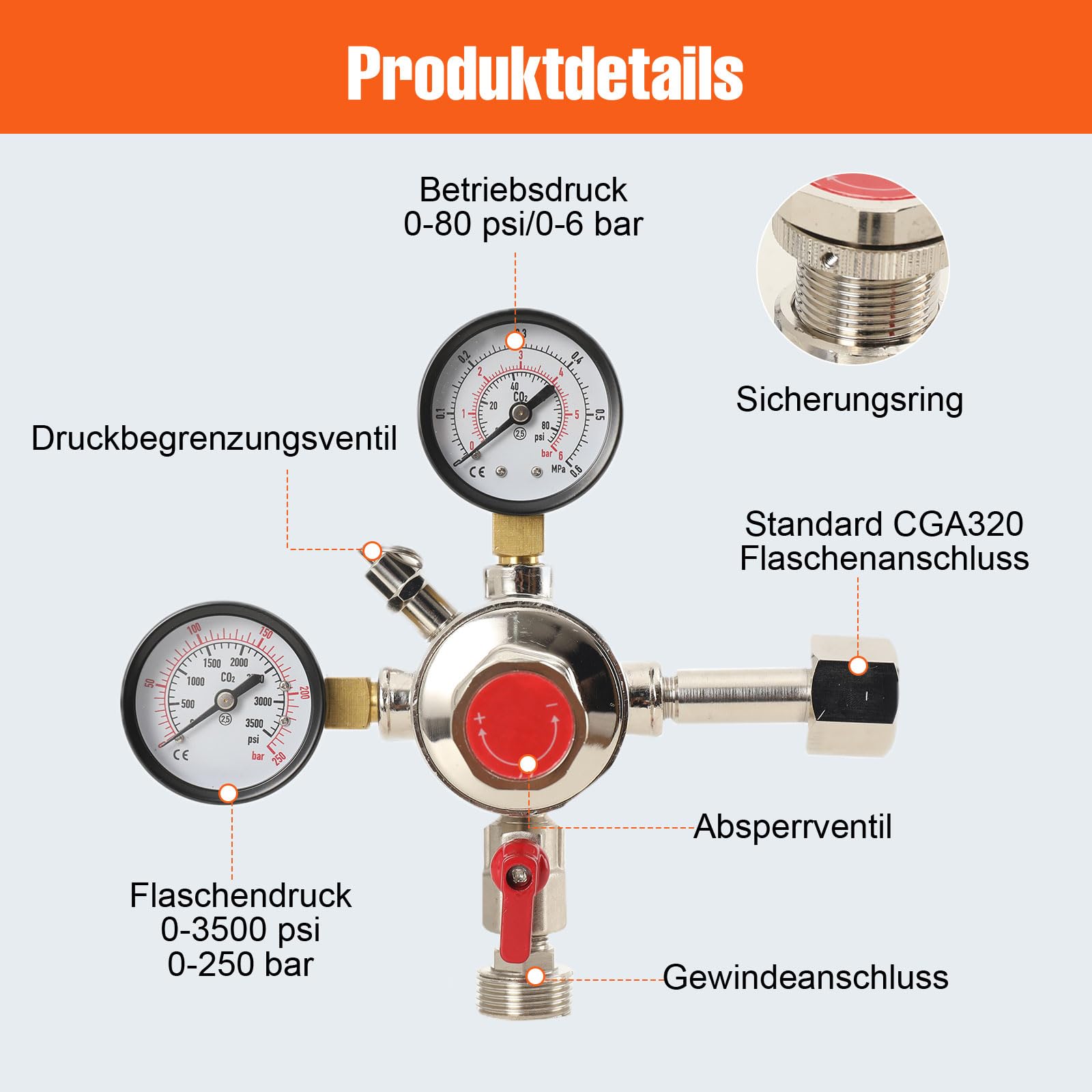 Druckminderer CO2 Druckregler, Druckminderer Gasflasche Mit Dual Manometer, CO2 Regler Bier Druckentlastungsventil Für Bier Maschine, Bierbrauen, Bierzapfanlage - W21.8 x 1/14