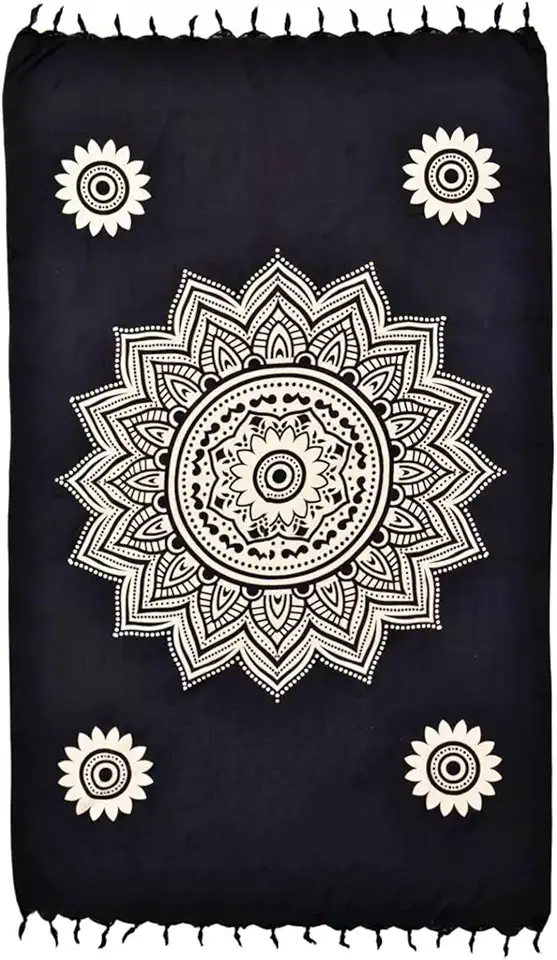 Canga de Praia Mandala, Saída de Piscina, Estampa Floral Preta e Branca com Franjas