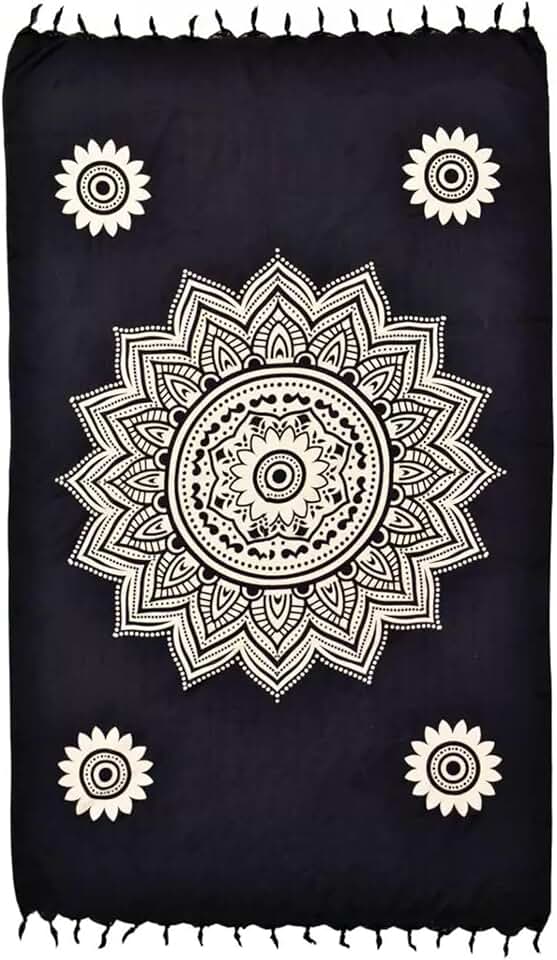 Canga de Praia Mandala, Saída de Piscina, Estampa Floral Preta e Branca com Franjas