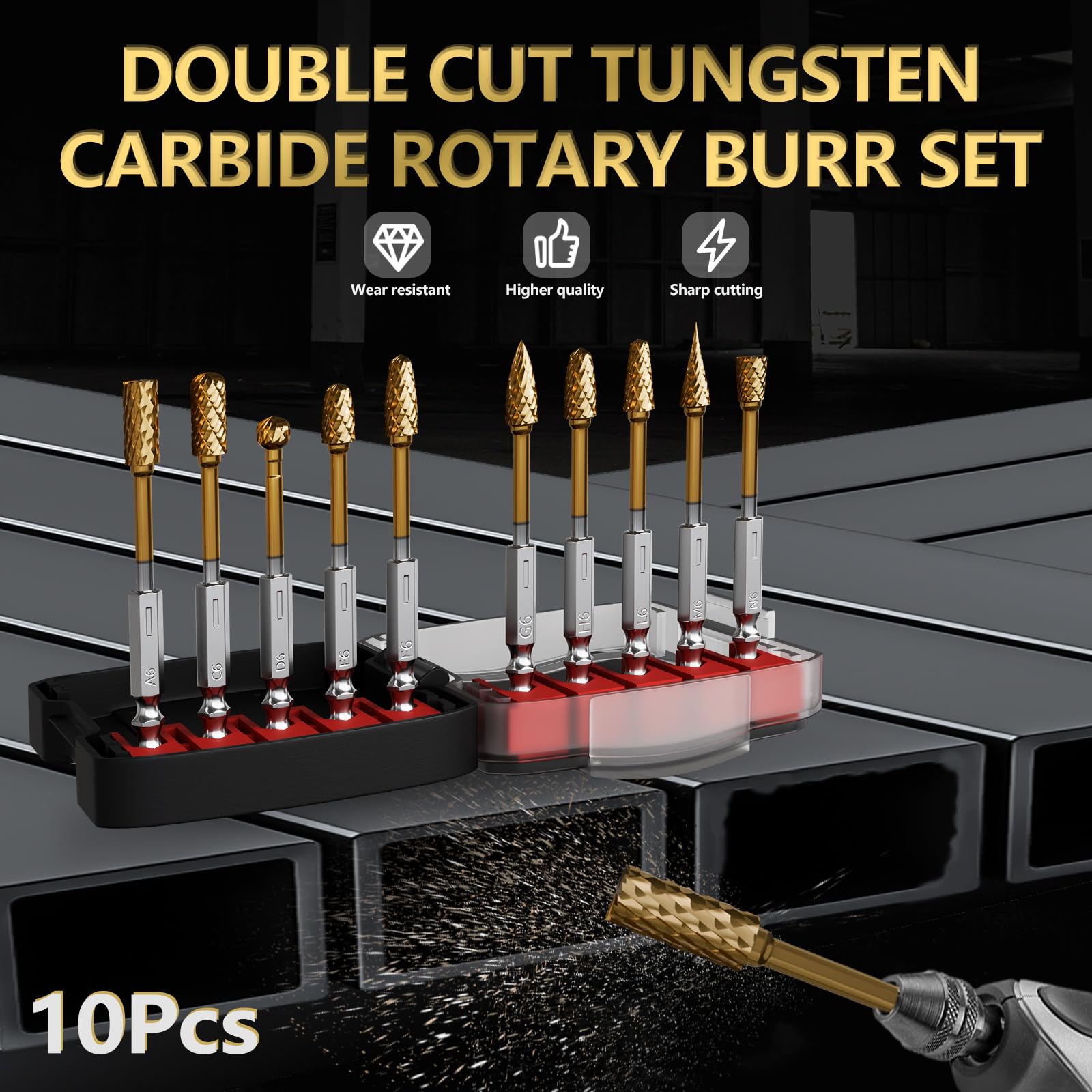 CATITO 10 Pcs 1/4" Carbide Burr Set With Quick Change 1/4" Shank, Die Grinder Bits For Metal, Wood, Stone, And Deburring - Compatible With Milwaukee, Dewalt, And Other Rotary Tools - View #3