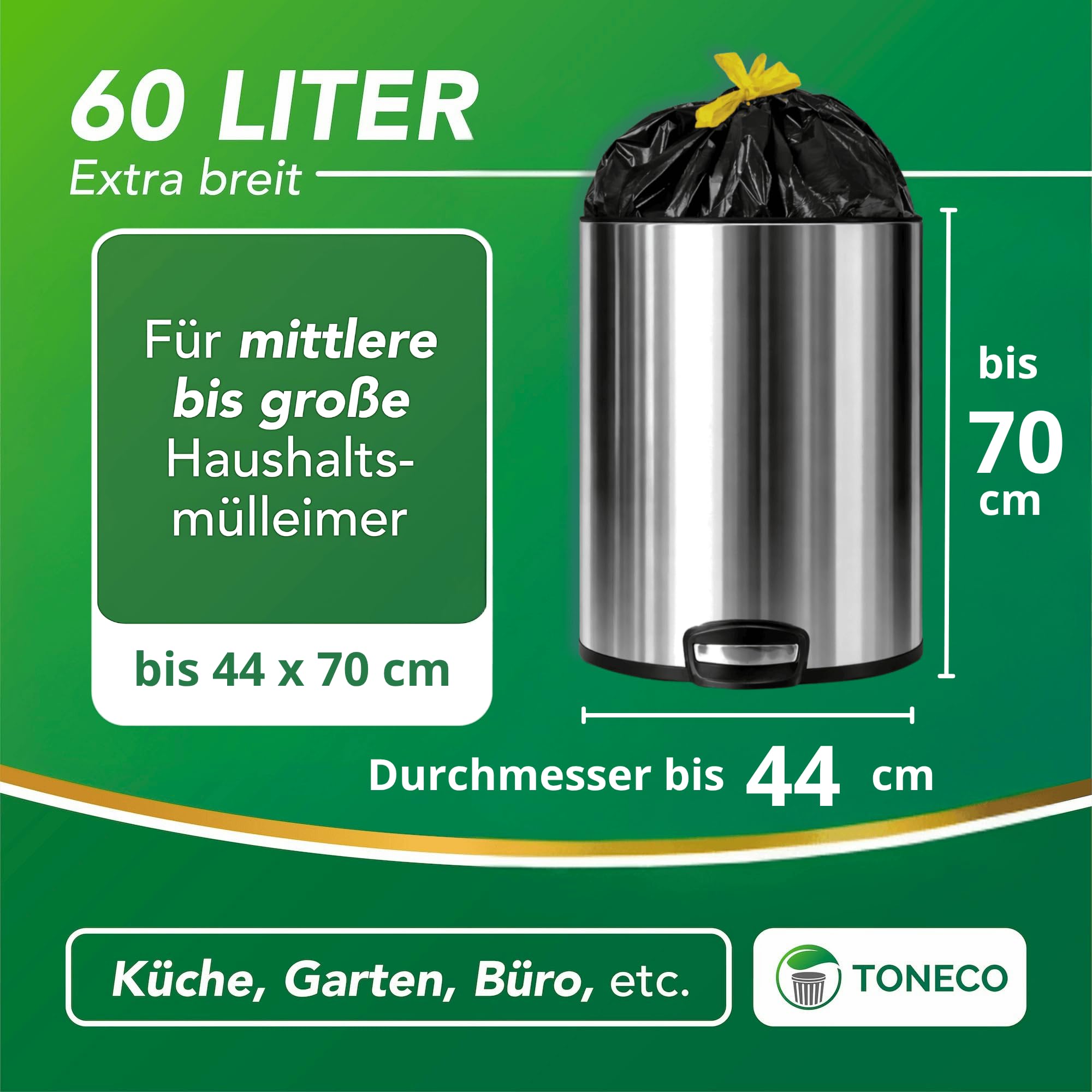 Toneco Müllbeutel 60L - MIT ZUGBAND - EXTRA BREIT & EXTRA STARK - 50 Beutel - reißfest & dicht - stabile Müllsäcke 60L - Fixierband Mülltüten -100% recycelt - für den Hausmüll - 2 Rollen à25 (50)