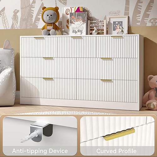 Miniatura 6 de Cómoda blanca con 7 cajones para dormitorio, cómoda acanalada de 55 pulgadas de ancho con asas doradas, cómoda moderna para dormitorio, armario,