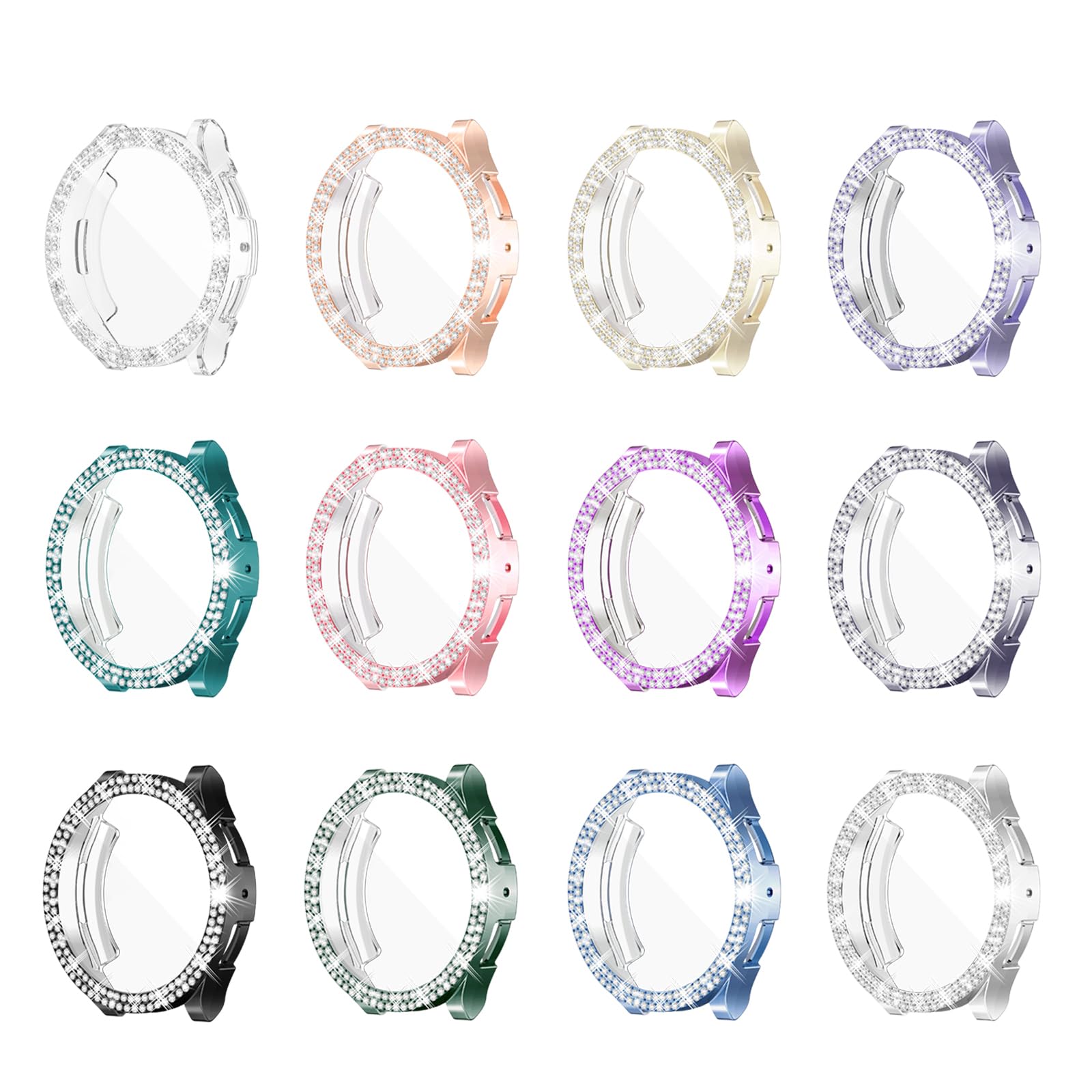 RICHONE[12-Pack] Sparkling Case Compatible with Samsung Galaxy Watch 6 44mm Screen Protector, Soft TPU Face Cover 2 Row 110* Rhinestones Full Protective Bumper Case (12 Mixed Colors, SM-R940)