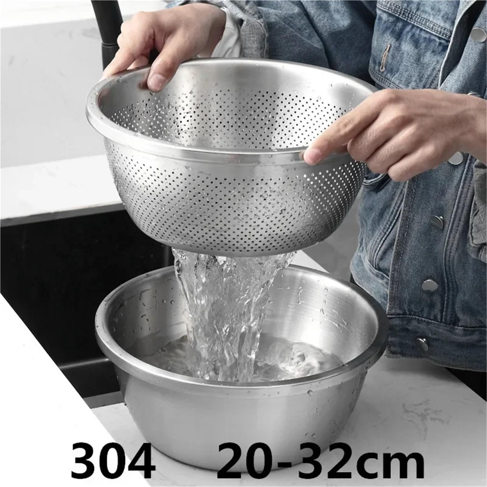 Durszlak Sitko Miska do mieszania 304 Kosz spustowy ze stali nierdzewnej Warzywo Ryż Umywalka Sito wycieku wody Siatka filtra sezamowego(28cm hole basin)