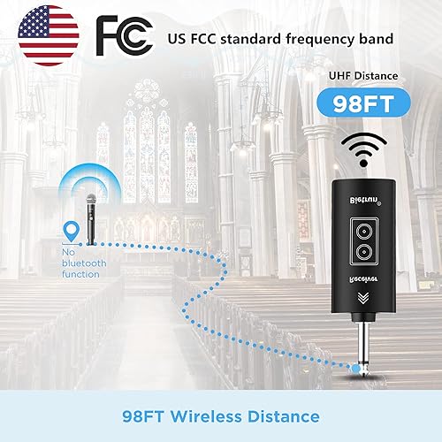 Miniatura 4 de Bietrun Micrófono inalámbrico, UHF de mano único inalámbrico de metal dinámico con receptor recargable, salida de enchufe de 14 pulgadas, para