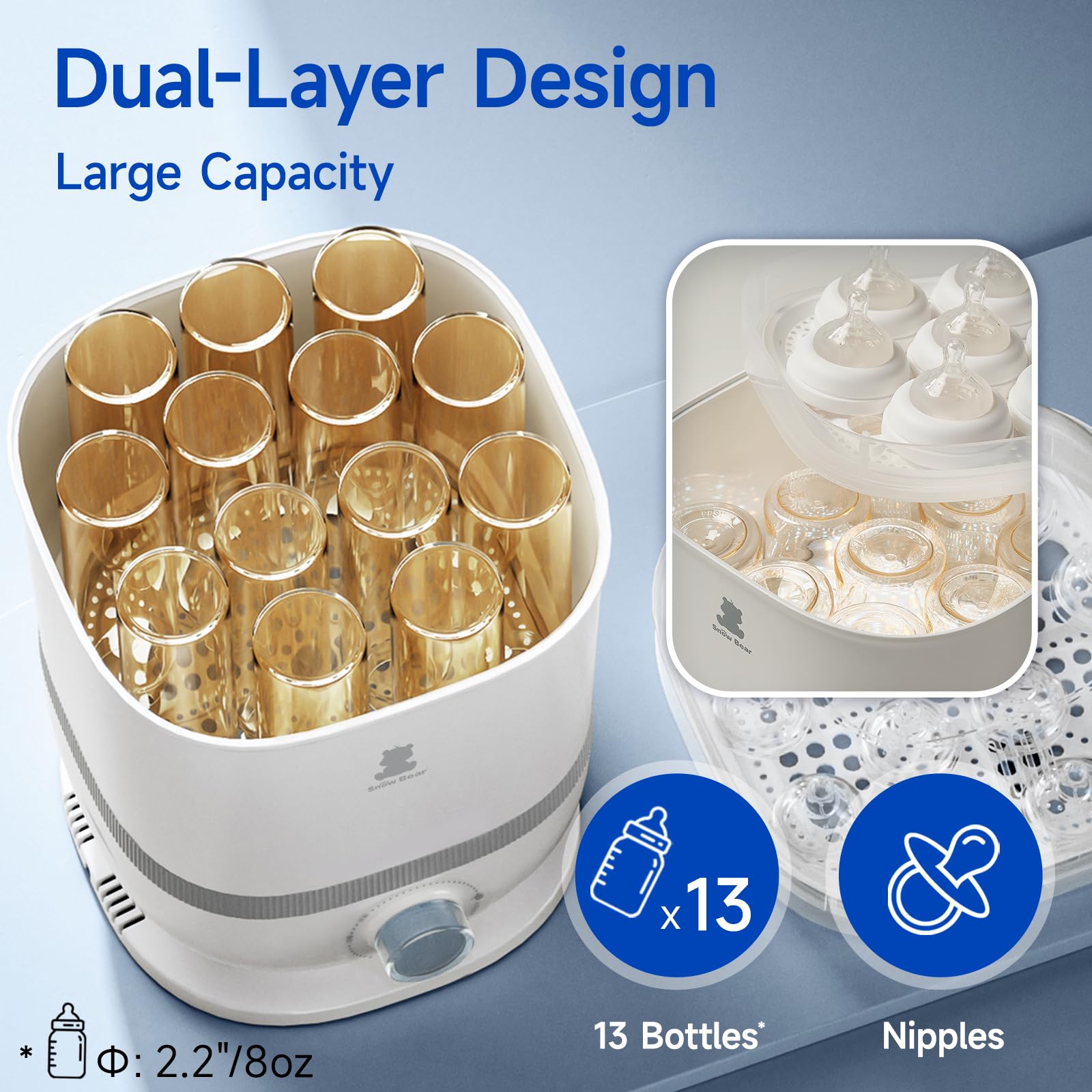 Snow Bear Babyflaschen-Sterilisator und Trockner, 6-in-1 elektrischer Dampfflaschen-Sterilisator für Babyflasche und Schnuller, Milchpumpenteile, große Kapazität 13 Flaschen, schnell trocknend, leicht