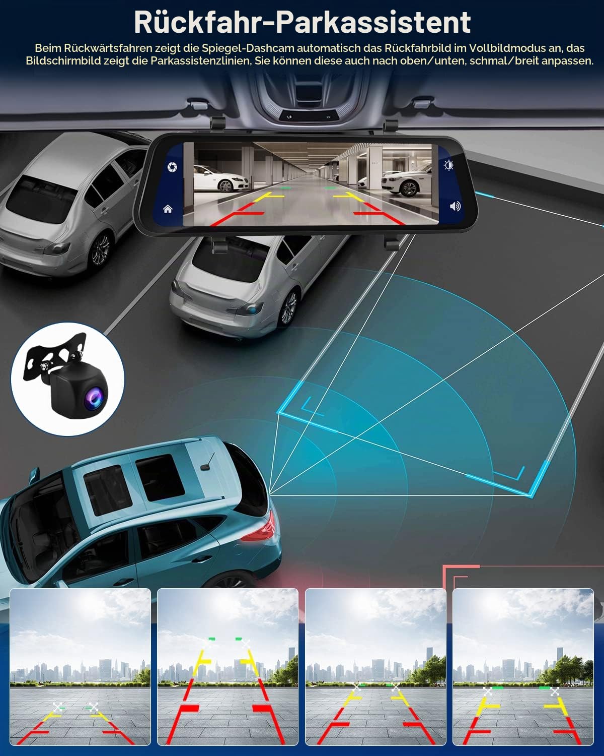 Hikity 9.66 Zoll Carplay Spiegel Dashcam mit Rückfahrkamera, Android Auto, Stimmenkontrolle GPS G-Sensor Super Nachtsicht WDR, Loop-Aufnahme Einparkhilfe Parküberwachung 32G SD-Karte