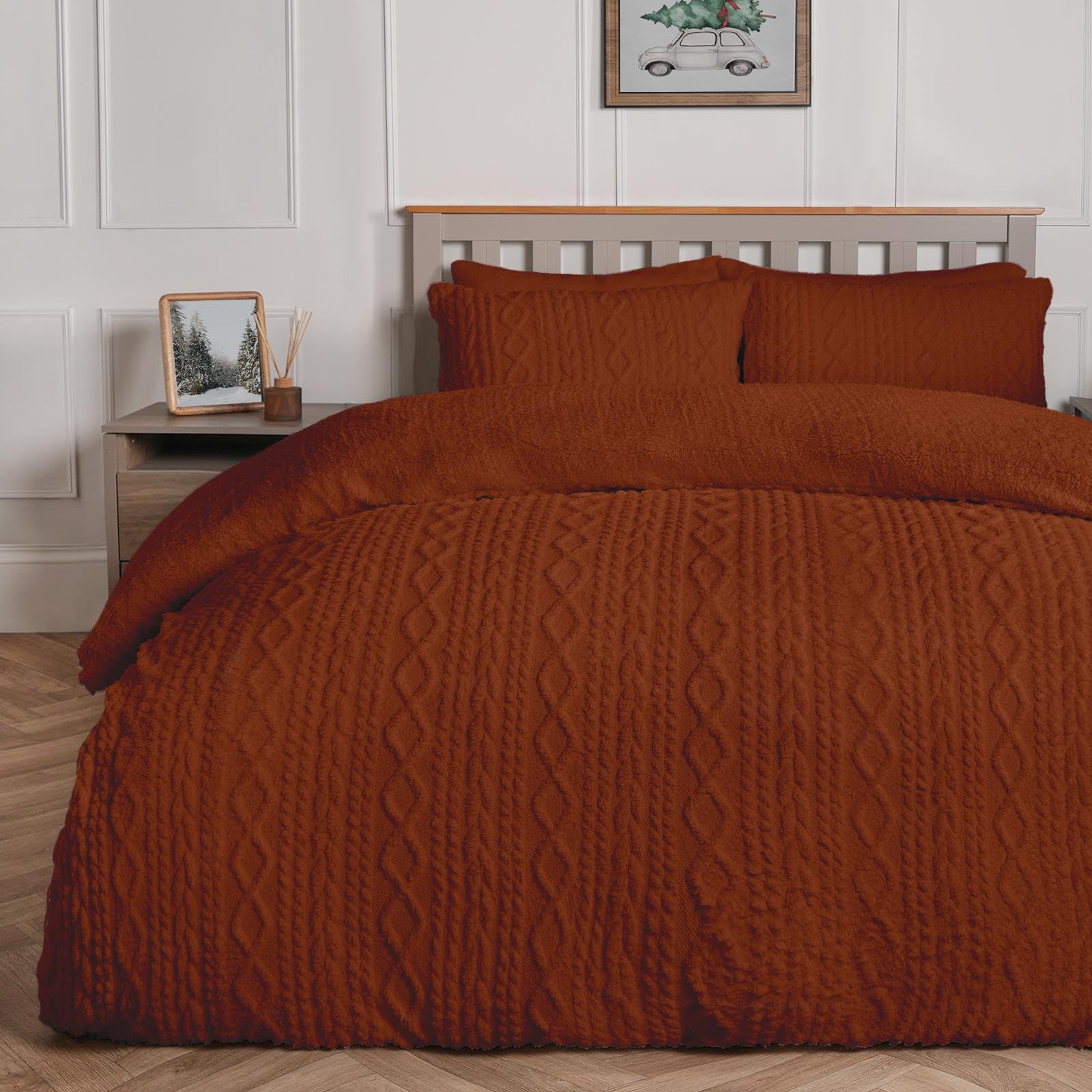 Ohs Women's Rust Double Fleece Duvet Cover, Christmas Autumn Winter Bedding Set Ultra Soft Warm Cosy Cable Knit Fleece Sherpa Reversible Double Duvet Set With Matching Pillowcases,
