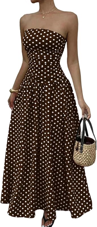 FlekmanArt Womens Polka Dot Strapless Dress Summer Smocked Tube Dress Casual Sleeveless Swing Flowy Maxi Dresses with Pockets