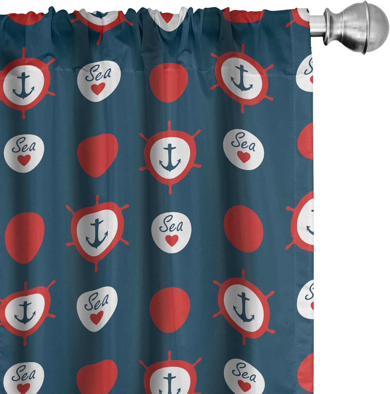 Ambesonne Anchor Curtains, Nautical Pattern with Steering Wheels Big Red Polka Dots Hearts Sea Love, Window Treatments 2 Panel Set for Living Room Bedroom, Pair of - 28" x 95", Night Blue