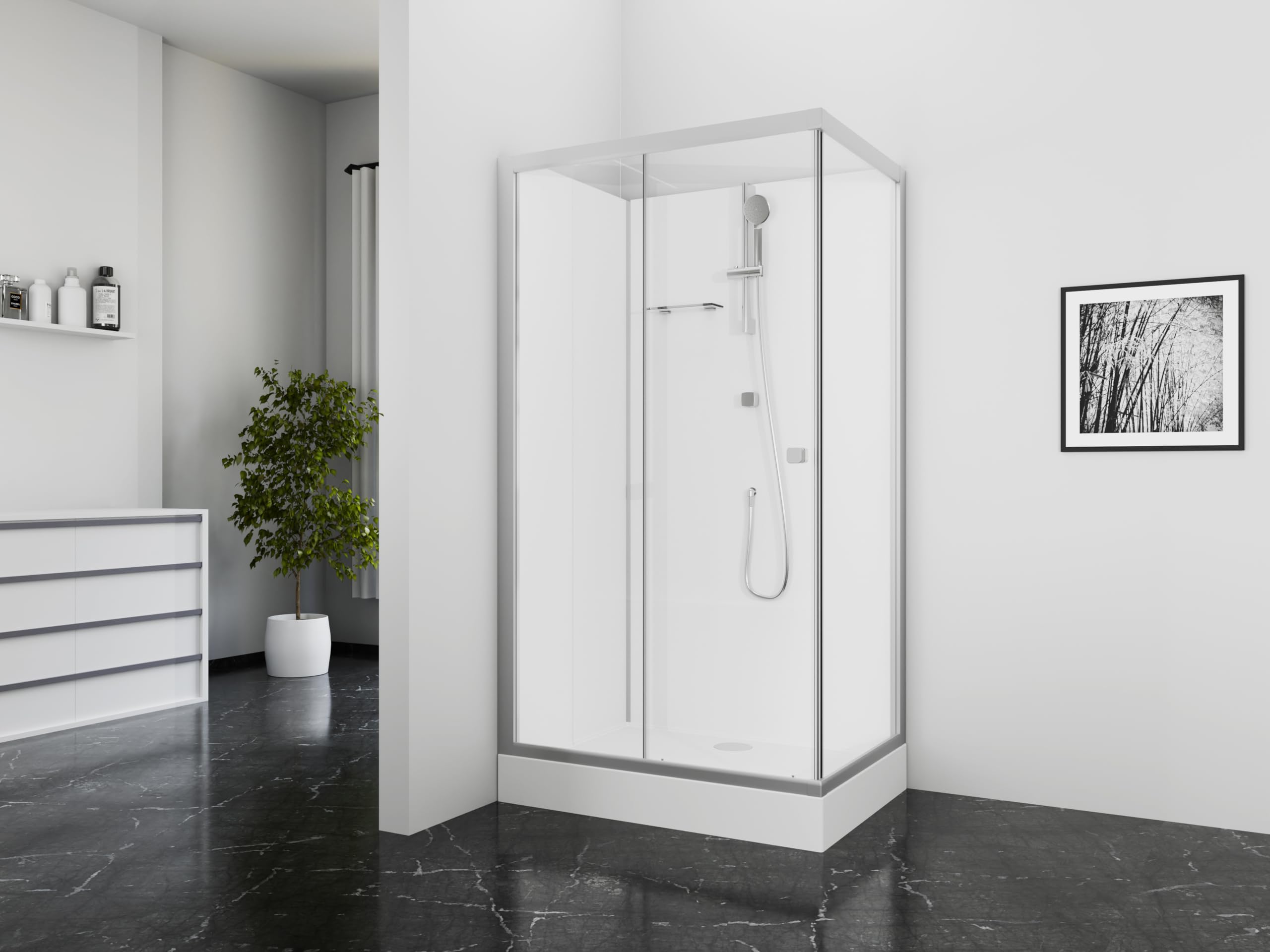 Kompletny prysznic Marwell Shower Rectangle Fresh 90 x 115 x 205 cm z brodzikiem gotowy prysznic z drzwiami przesuwnymi, srebrno-matowe profile aluminiowe, szkło bezpieczne 5 mm, armatura i słuchawka