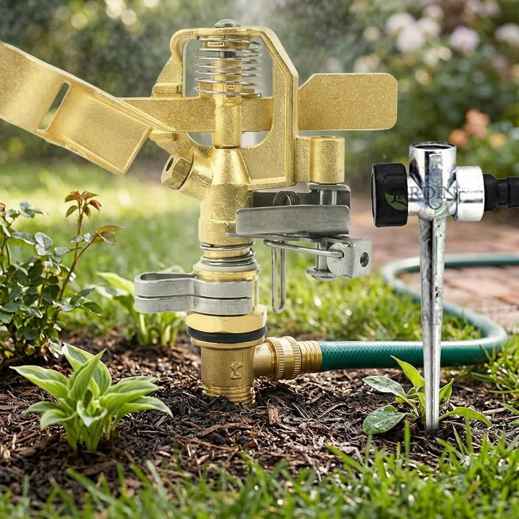 Suinga Pack 5 Aspersor de Riego Agrícola de Latón Ajustable 1/2" con Soporte Metálico | Alcance de 10 a 15 Metros | Ángulo Regulable 0-360° | Caudal 9-20 L/min | Aspersor para Jardín, Huerto