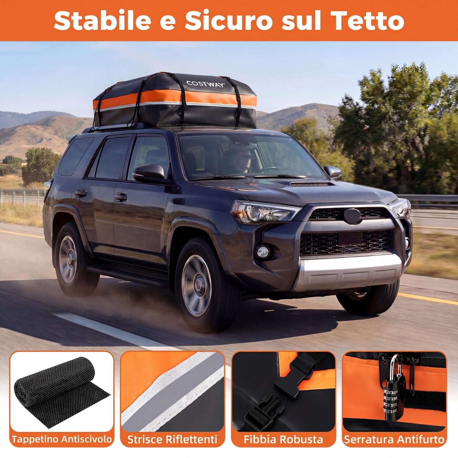 COSTWAY Borsa da Tetto per Auto, Box Portapacchi con Impermeabile e Alta Adattabilità, Baule con Tappetino Antiscivolo, Striscie Riflettenti, Lucchetto e 8 Corde di Fissaggio (600 L,Arancione)