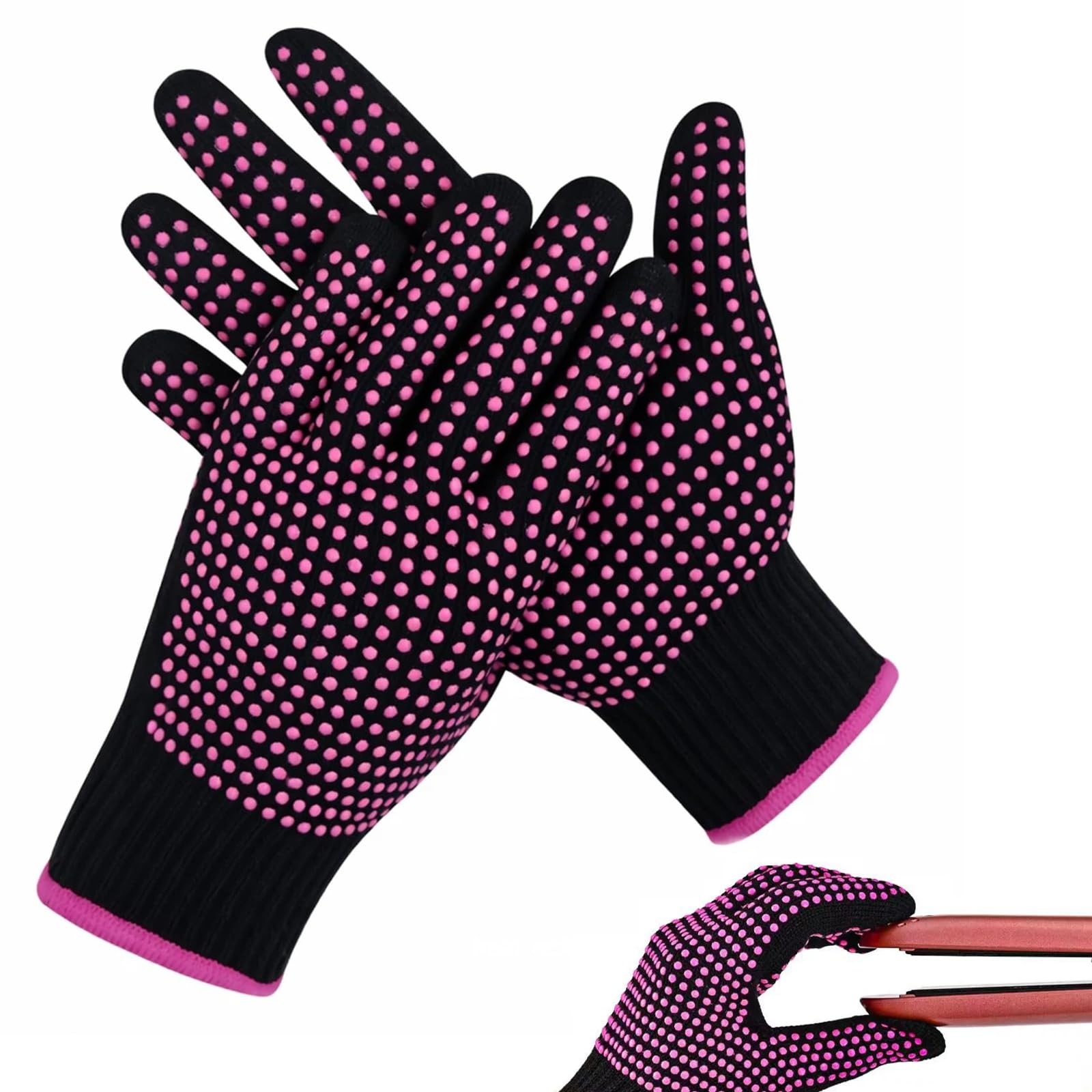 1 Paire de Gants Thermo-Résistants pour Lisseur et Fer à Boucler, Gants Anti-Brûlure Professionnels en Coton avec Picots Silicone Double Face, Protection Chaleur Coiffure, Rose Rouge
