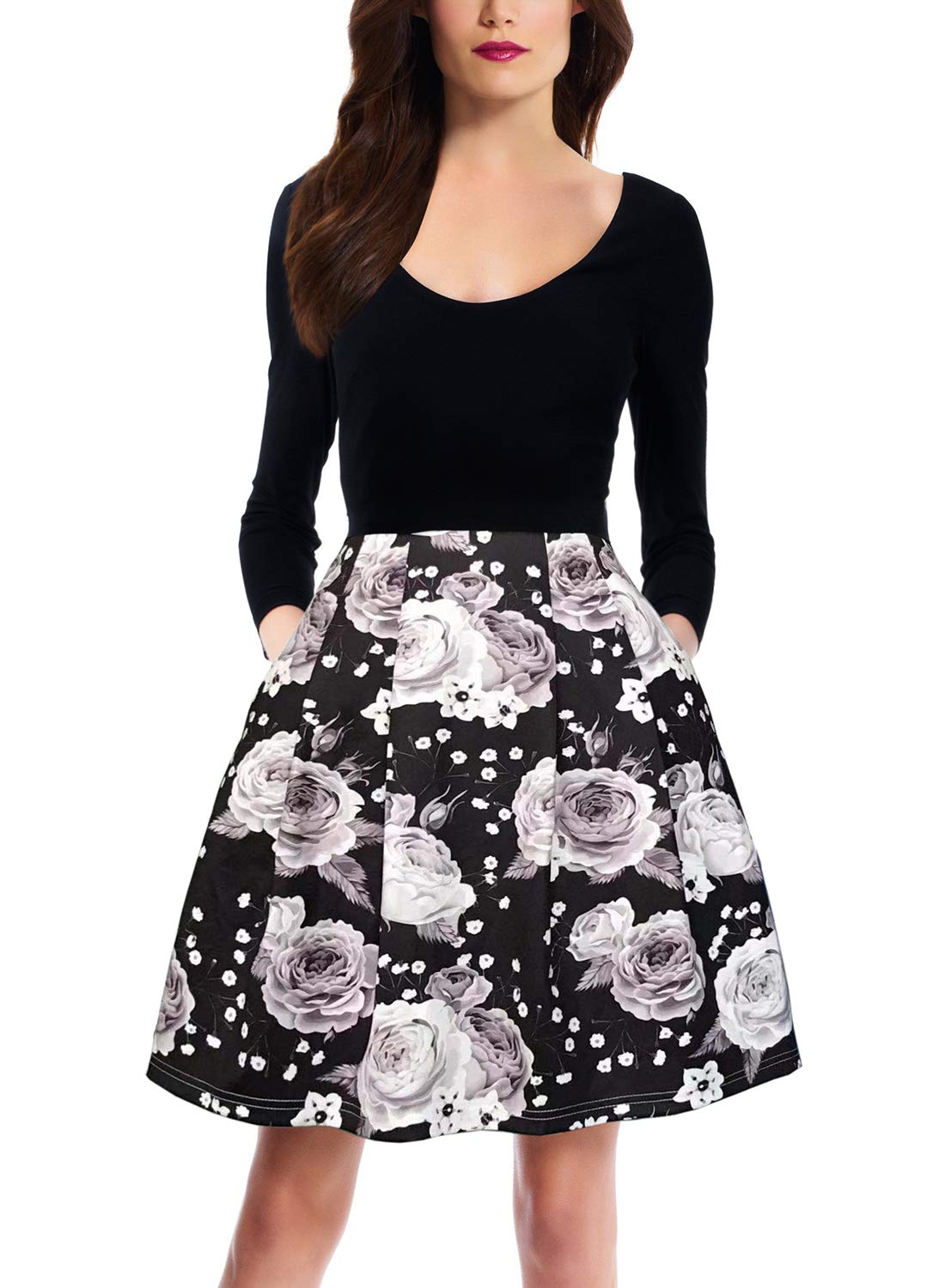 Zalalus Women's Vintage Fit and Flare Cocktail Dresses 3/4 Sleeve Backless Wedding Guest Floral Formal Party A Line Dress with Pockets Black Large