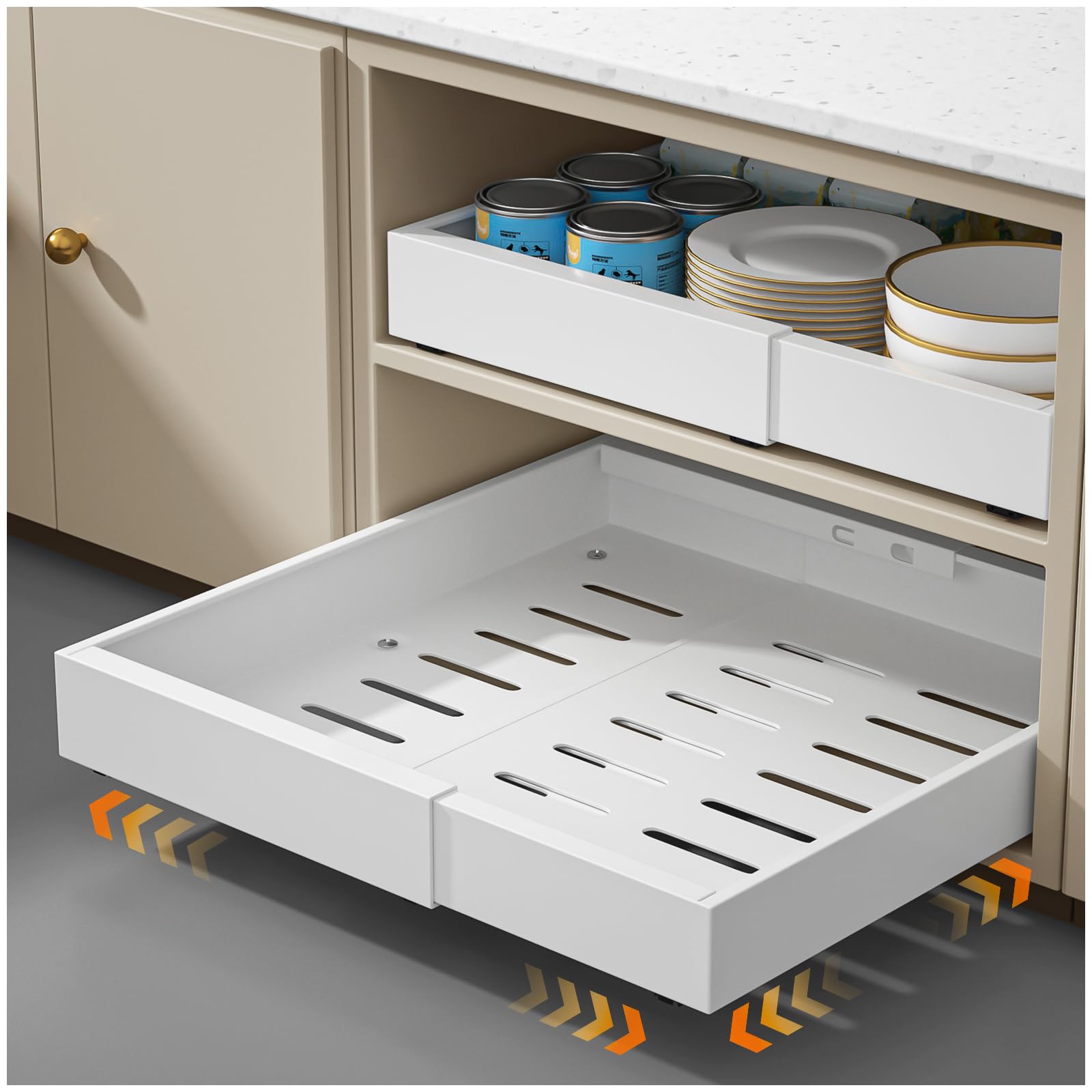 Expandable Pull Out Cabinet Organizer, 12.4"-20.4" Slide Out Drawers for Kitchen Cabinet, Adjustable Cabinet Drawer for Pots, Pans, Pull Out Shelves Fixed with Adhesive Nano Film or Screws (white)