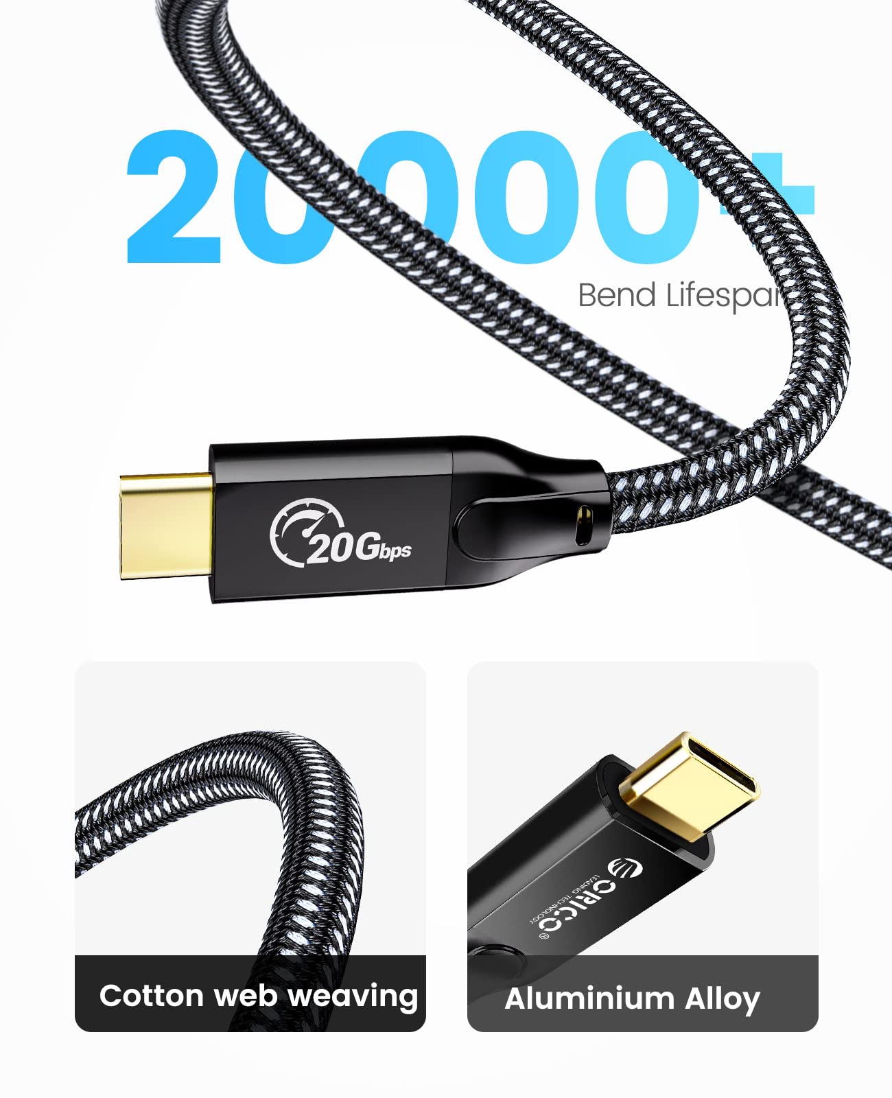 ORICO Cavo USB C, 20 Gbps USB 3.2 Gen2X2, cavo dati da USB C a USB C da 100 W, supporto da 4 K a 60 Hz, compatibile con laptop, cellulare, hub, docking station, 2 m