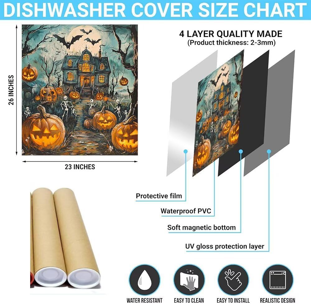 Halloween Horror House Pattern Dishwasher Magnet Cover, Pumpkin Skull Anti-Scratch Magnetic Stickers for Fridge Refrigerator Panel, Happy Halloween Dishwasher Decorative Cover, Magnetic 23" x 26"