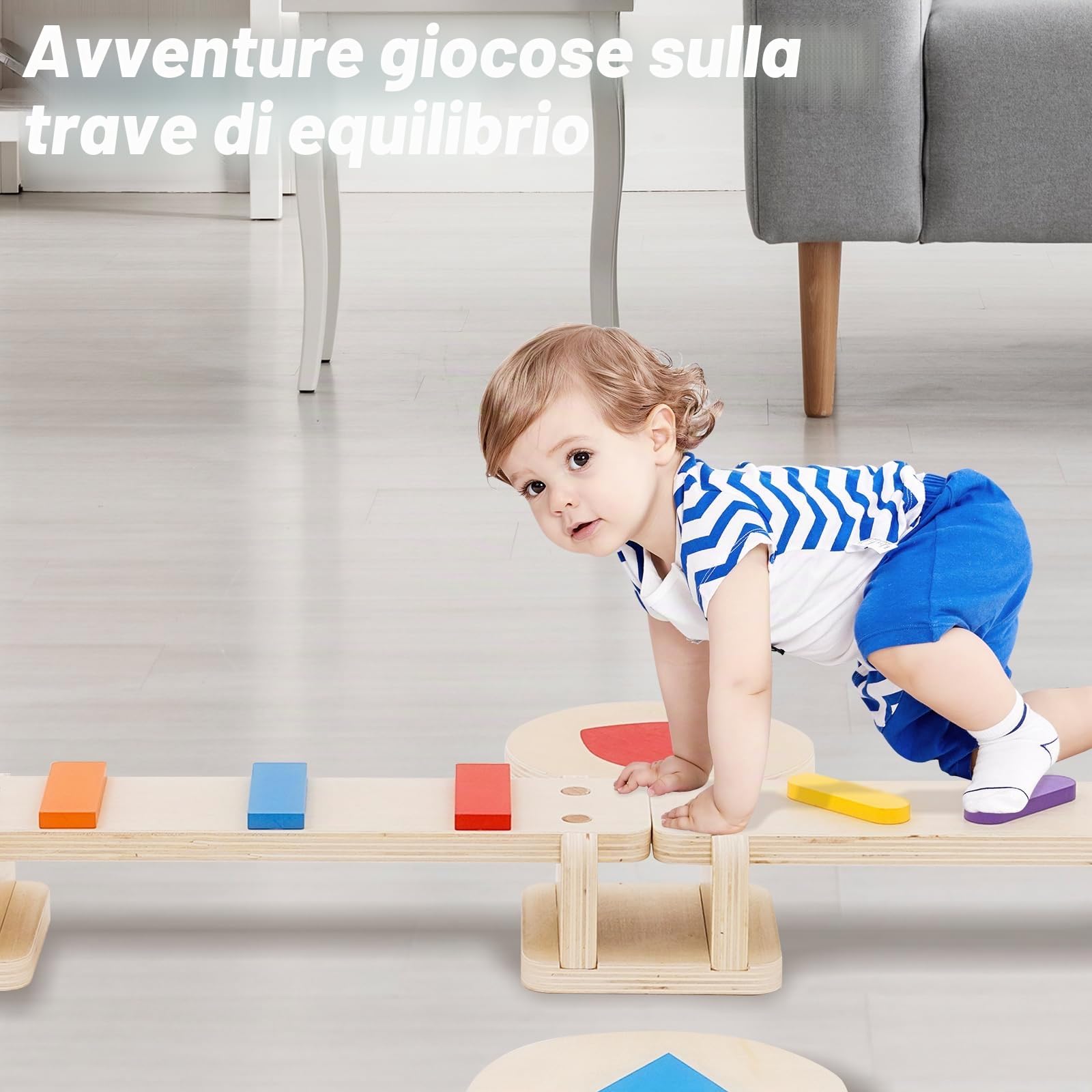 Barra di bilanciamento in legno 3 in 1 per bambini e piccoli con pedane, tavola multifunzionale Montessori, distanza ostacoli, allenamento equilibrio, formazione