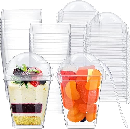 Miniatura 3 de 50 tazas de postre con tapa y cucharas, vasos de postre de 5.1 fl oz5 onzas de plástico, tazas cuadradas de postre para fiesta de postres, pudín,