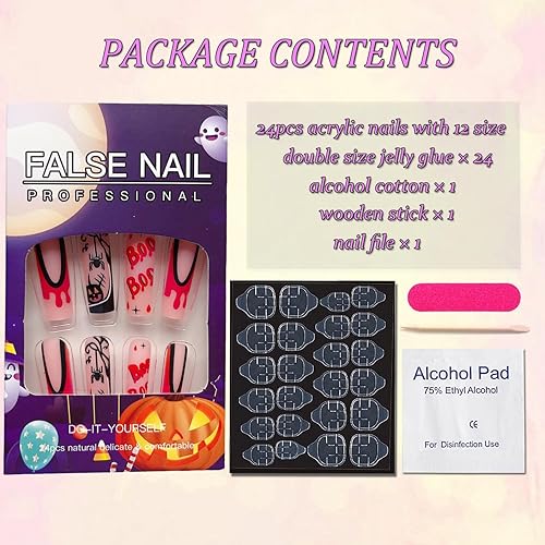 Miniatura 6 de Uñas postizas largas de Halloween, uñas cuadradas a presión, con punta francesa de sangre, uñas con pegamento, uñas de araña largas cuadradas de