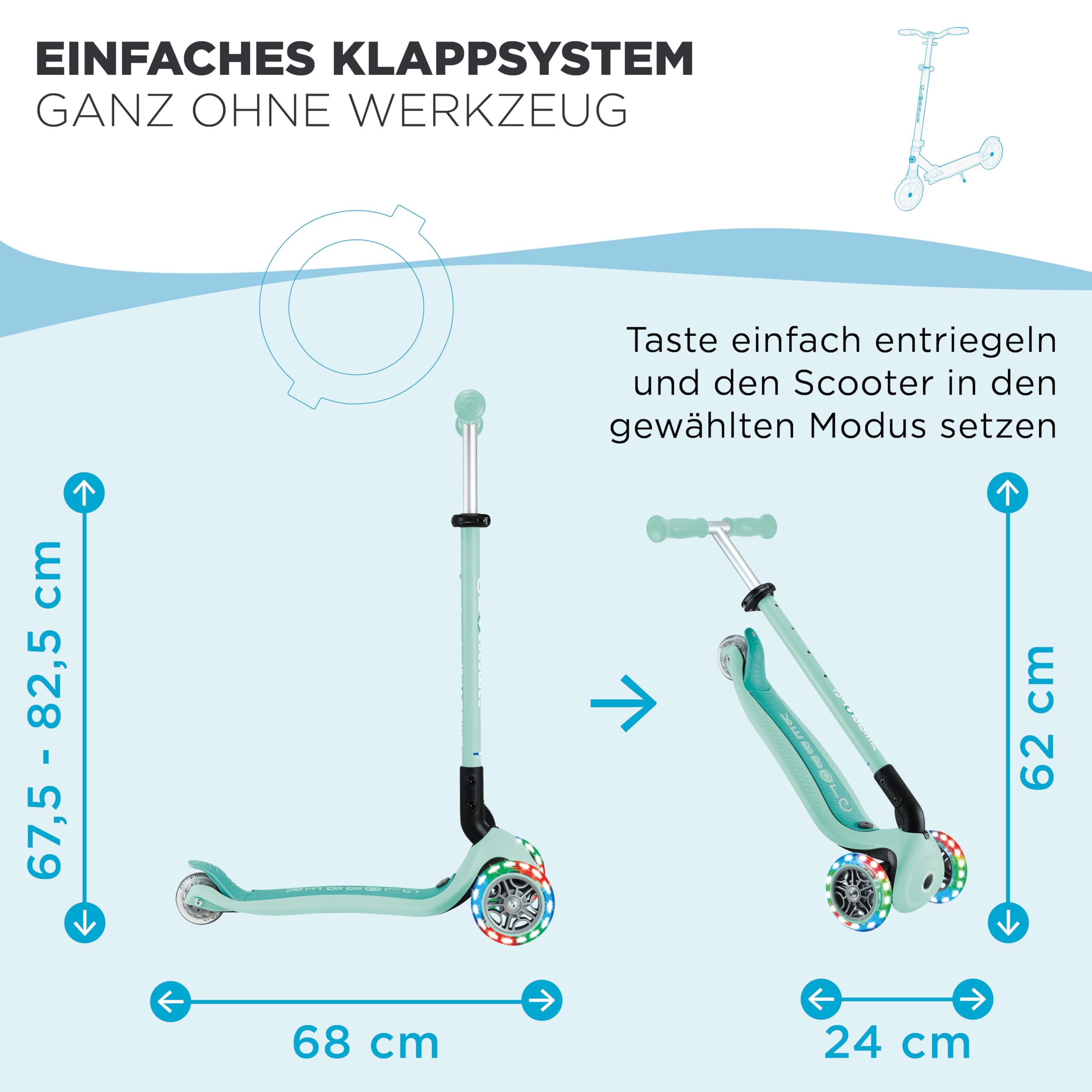 Globber Go Up Active Beleuchtung, 360 Grad, Evolutionärer Roller mit Sitz und Lichtern für Kleinkinder ab 15 Monaten
