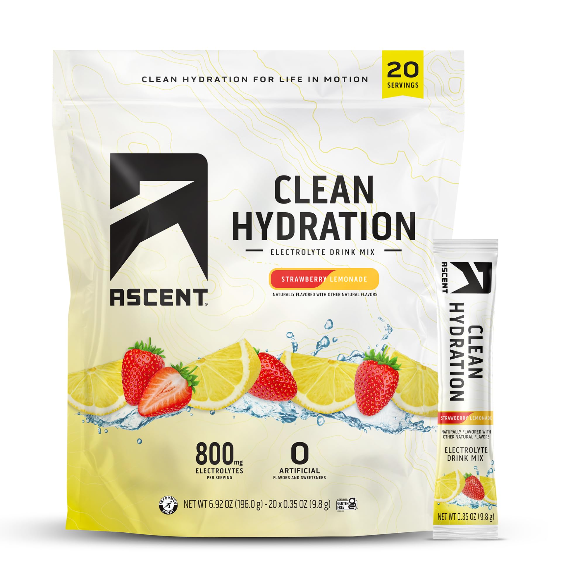 Ascent Clean Hydration Electrolyte Packets, Low Sugar & Low-Calorie, Zero Artificial Flavors & Sweeteners, Informed Sport Certified, Strawberry Lemonade, 20 Sti