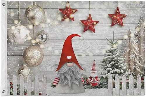 Bandera de madera de copos de nieve de gnomo de invierno de 3 x 5 pies con ojales de latón, pancarta de bola de luz de copo de nieve de Navidad,