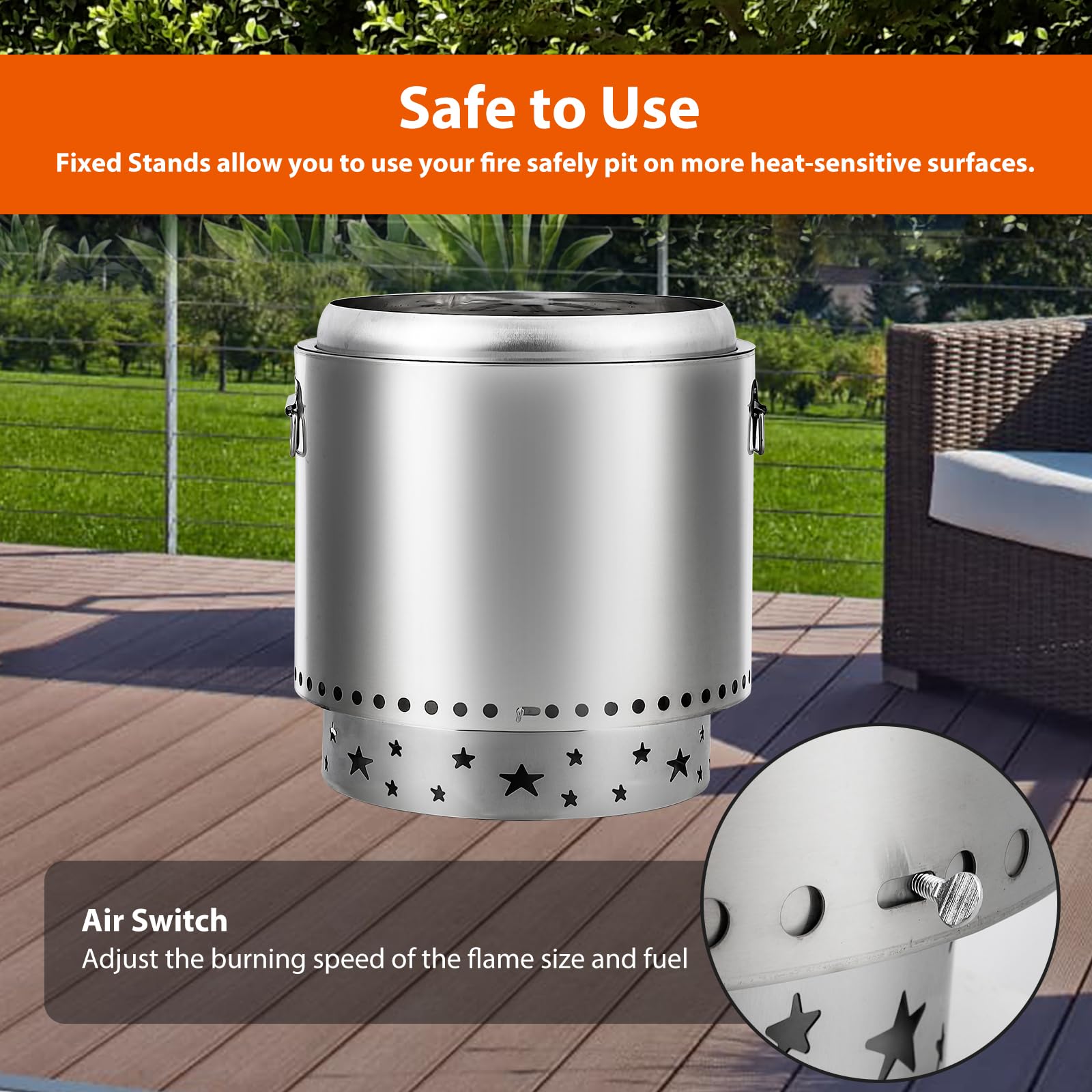 Braciere da Esterno Senza Fumo con Interruttore dell'Aria, 27” Acciaio Inossidabile per Esterni, Portatile per Campeggio all'aperto in Patio
