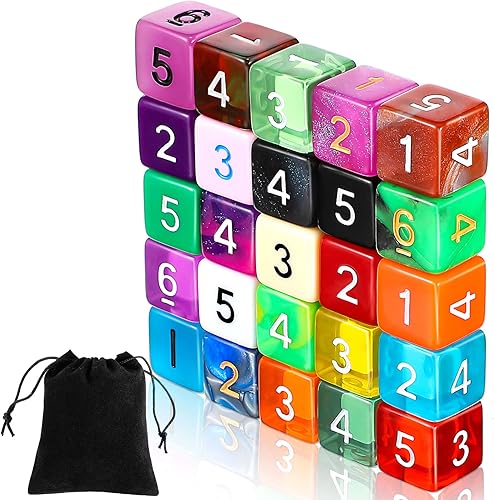 TecUnite Juego de 25 dados de colores de 6 caras, dados estándar de 6 caras con bolsa de almacenamiento de cordón negro para juegos de mesa,