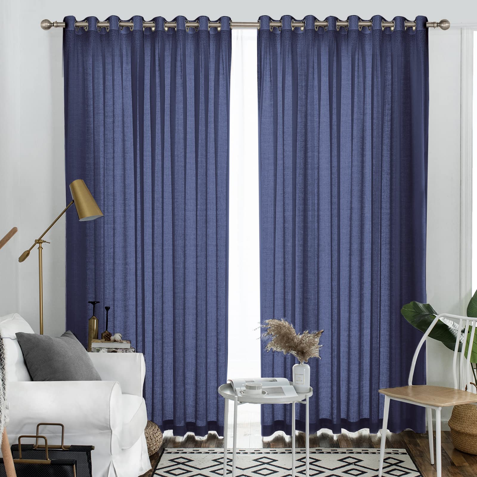 Melodieux Navy Semi Sheer Curtains 108 Inches Long for Living Room Bedroom Extra Long Linen Look Rustic Grommet Voile Drapes