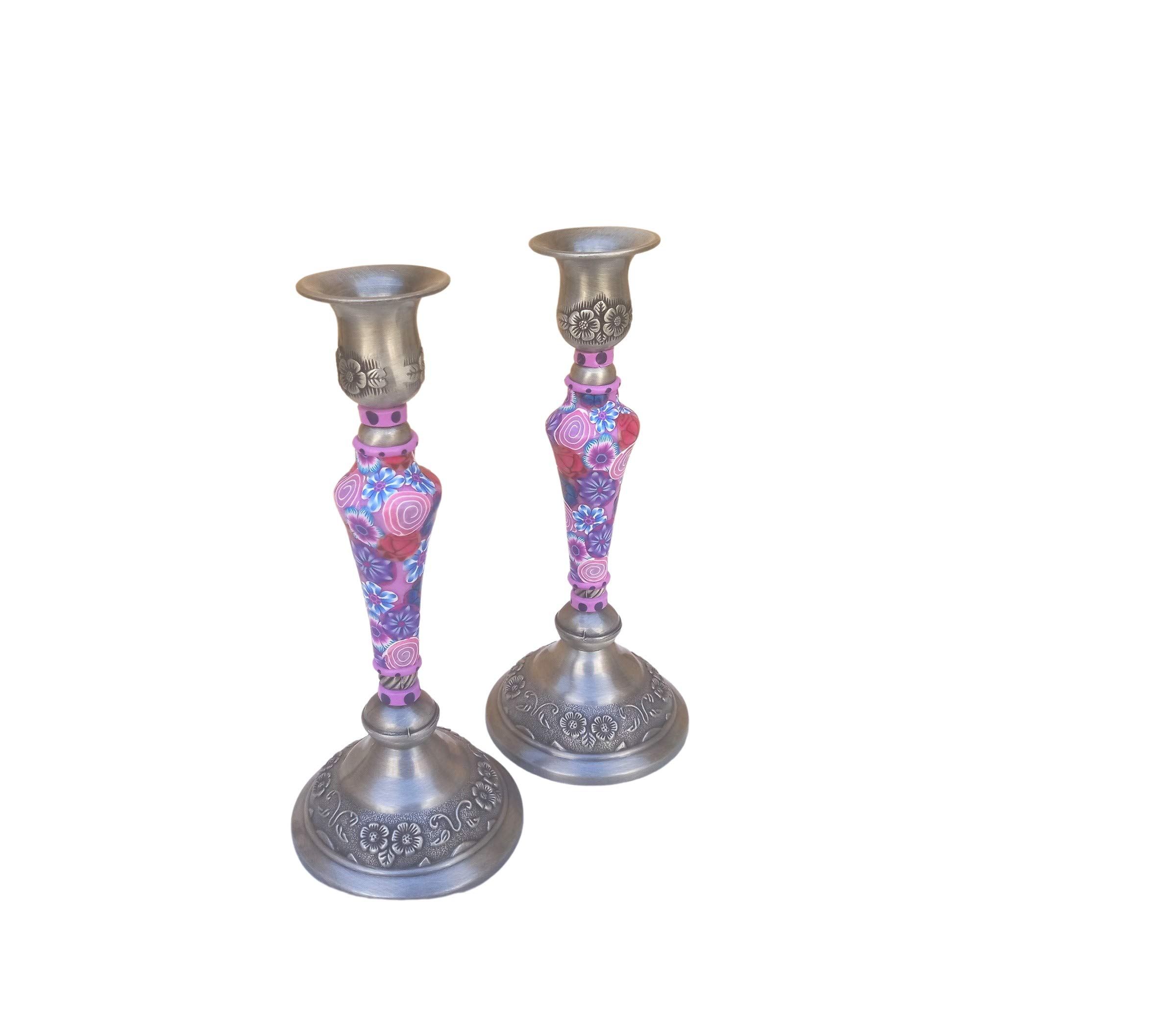 Buy Candlestick Holders, Handmade Artisan Shabbat Candlesticks made of Pewterand Polymer Clay