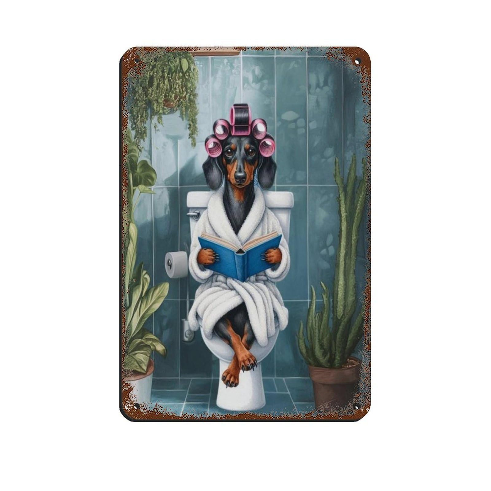 Dachshund on Toilet Bathroom Art Tin Sign Vintage Metal Pub Club Cafe Bar Home Wall Art Decoration Poster Retro 8x12inch(20x30cm)