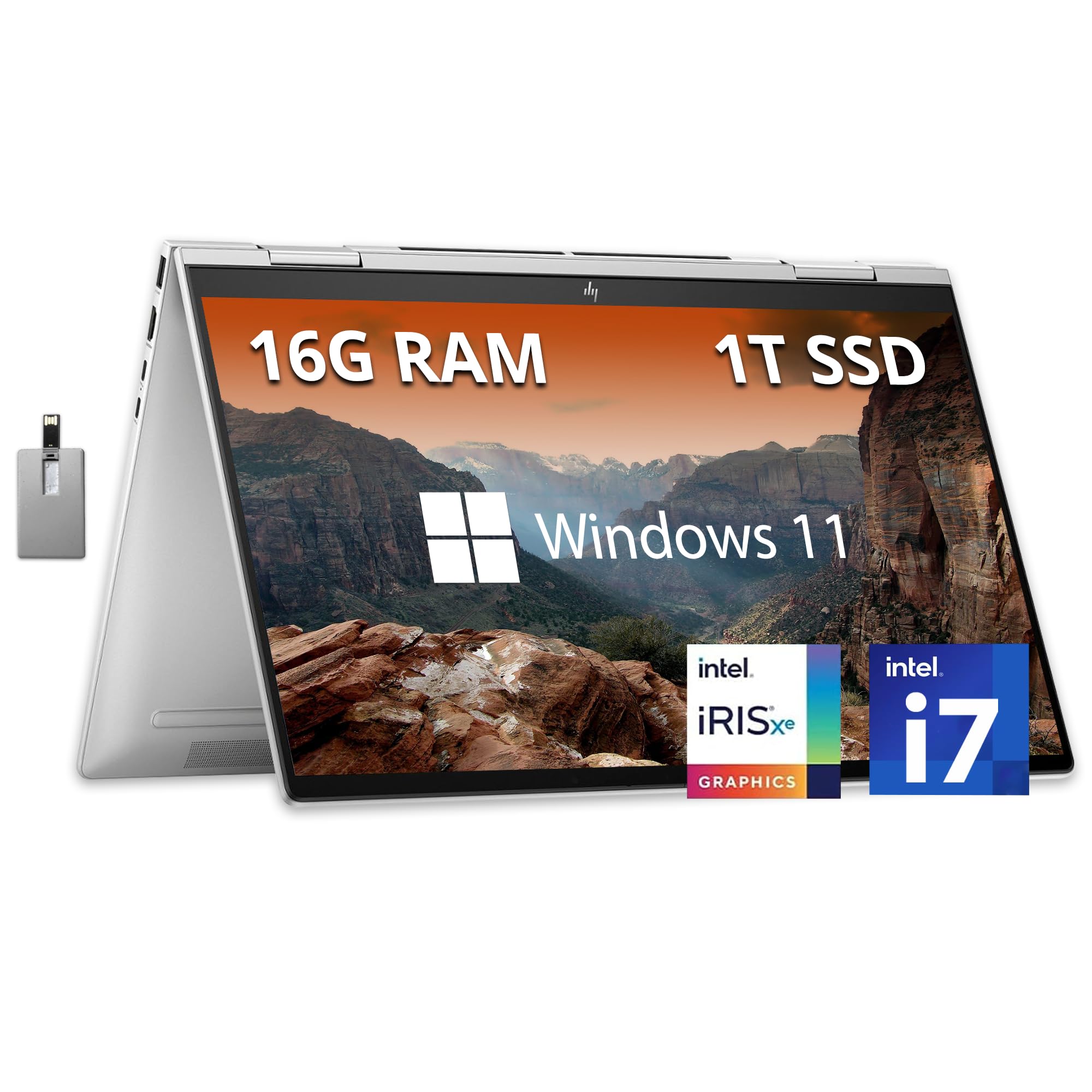 HPEnvy x360 2-in-1 15.6" FHD Touchscreen Laptop, Intel i7-1355U, 16GB LPDDR5 RAM, 1TB PCIe SSD, Intel Iris Xe Graphics, Backlit Keyboard, 5MP IR Camera, Win 11, Silver, 32GB Hotface USB Card