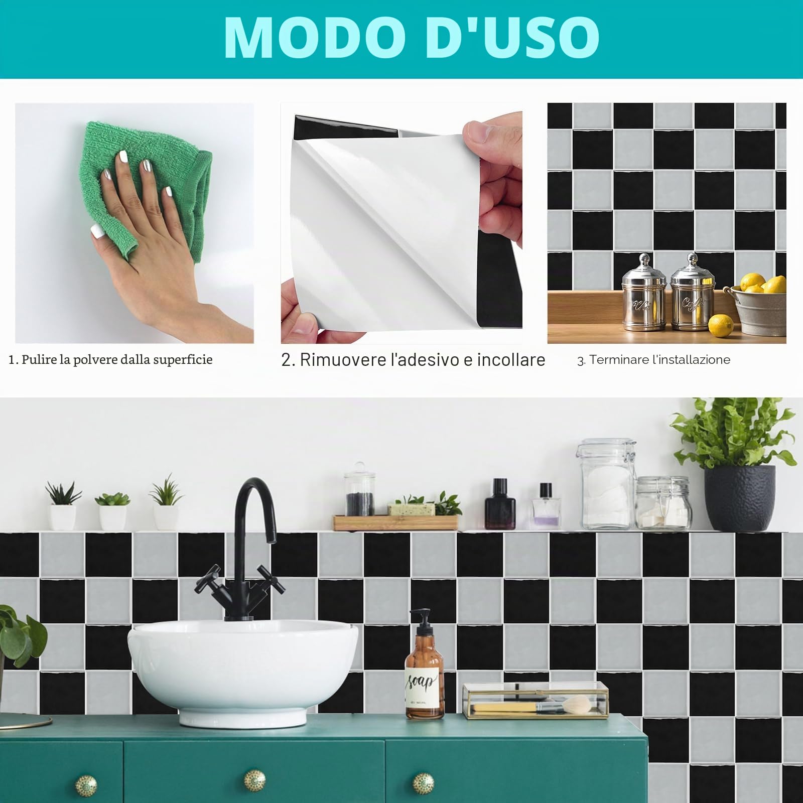 Adesivi per Piastrelle 40 Pezzi 15x15CM Autoadesive da Parete Autoadesivo Decorazione Adesivo murale in PVC Peel and Stick Tiles per Bagno,Cucina,Soggiorno