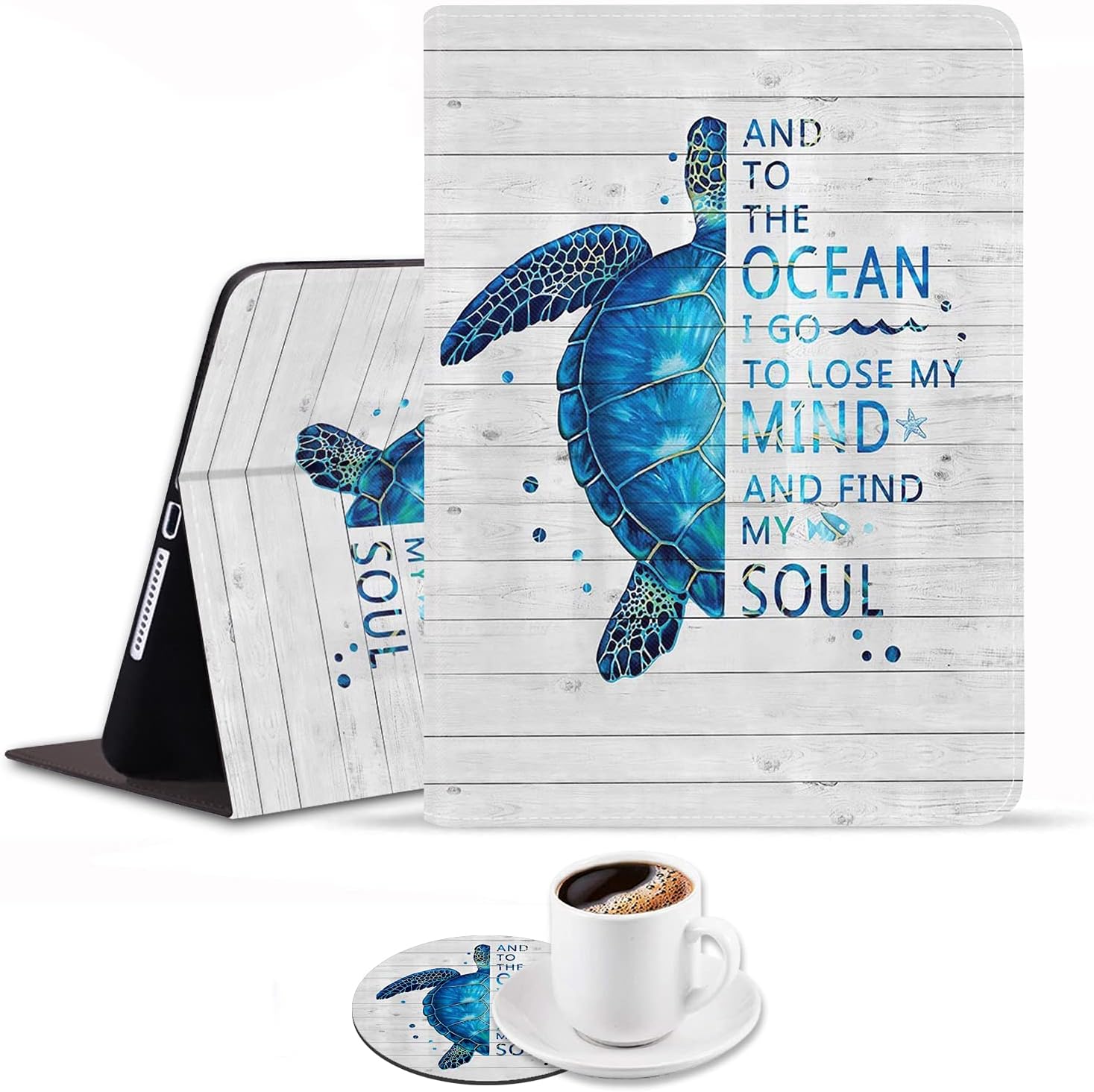 Case for iPad 8th Gen 10.2" (2020)/7th Gen (2019), iPad Air (3rd Gen) 10.5" 2019, Adjustable Stand Auto Wake/Sleep Smart Case, Funny Words with Blue Sea Turtle on Rustic Wooden Board (with Coasters)