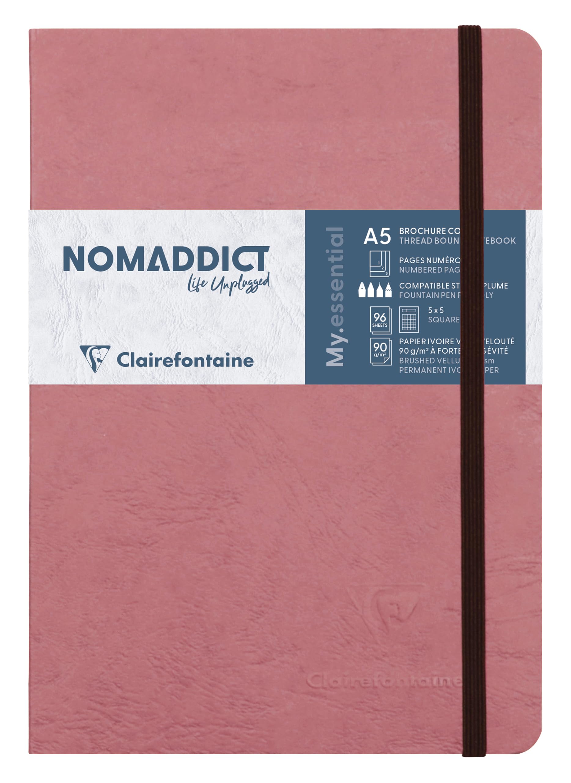 Clairefontaine 793426C Age Bag Collection My.Essential Antique Rose Stitched Notebook A5 14.8x21 192 Pages Small Squares Ivory Paper 90g Card Cover Leather