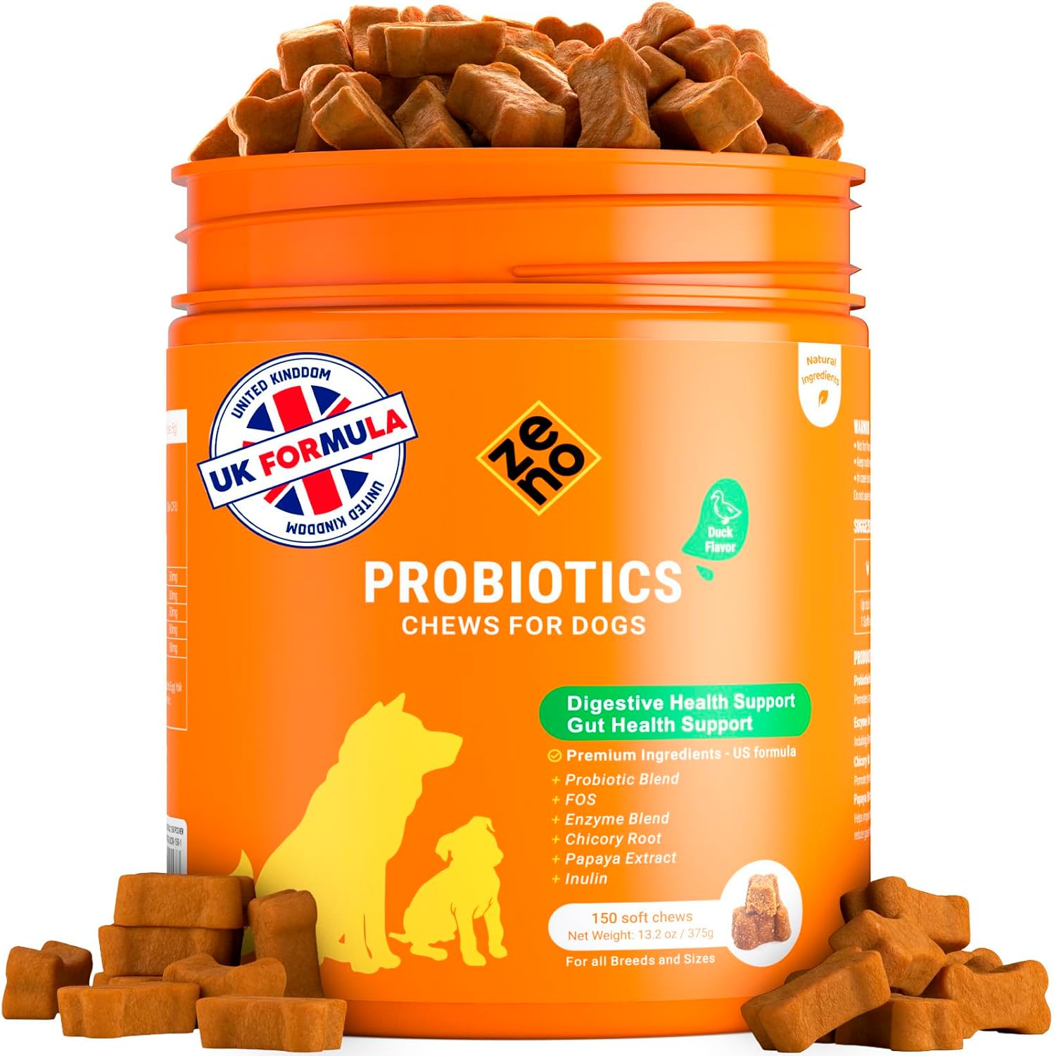 ZENO Probiotics for Dogs Chews 150Pcs – Digestive, Gut Health & Diarrhea Support – Chews For Dogs – UK Formula with Probiotics, Enzymes & Natural Ingredients – Duck