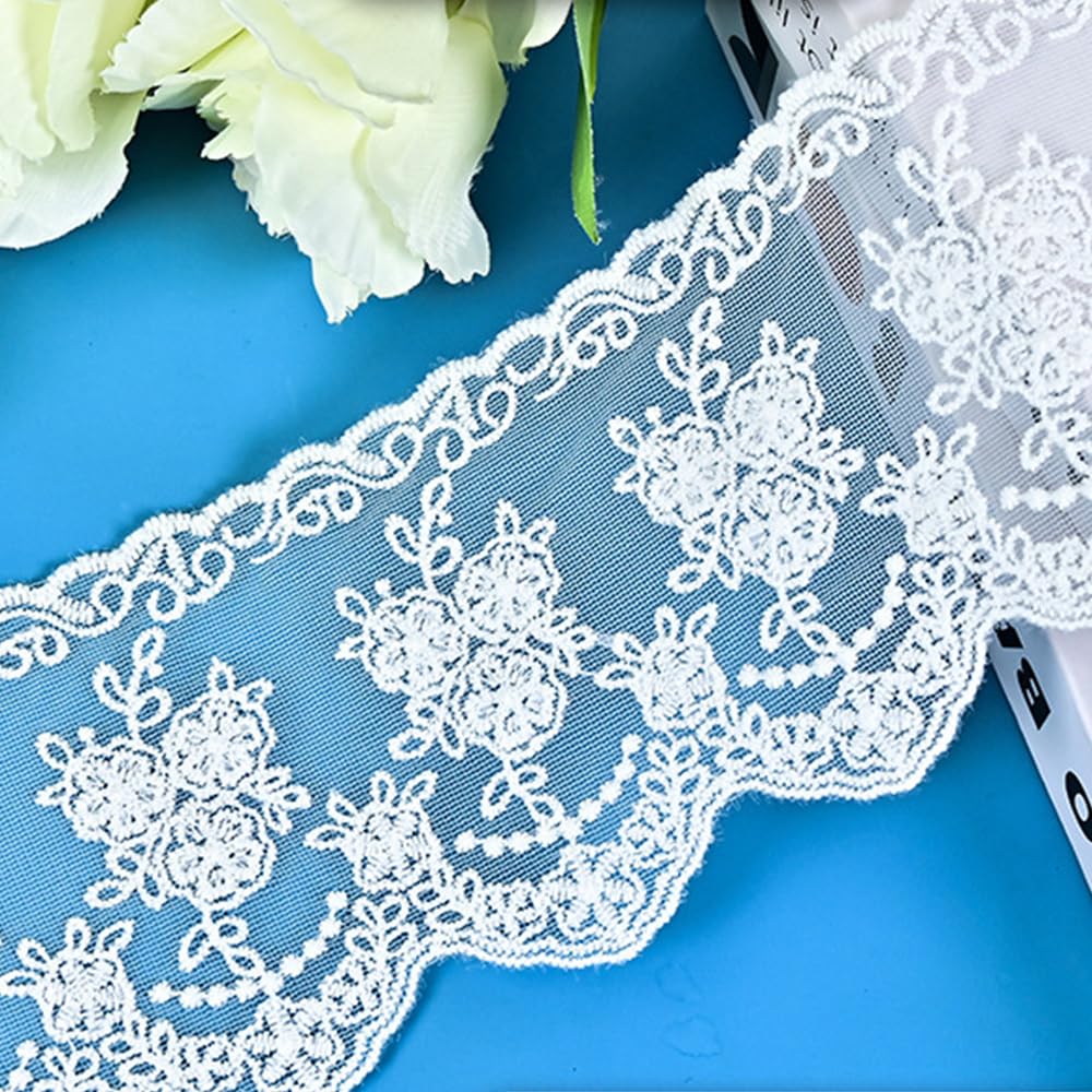 MSLSOZ 9.5cm Wide Lace Trim, Non-Stretchy Embroidered White Trim, Lace Trimming for Sewing, Suitable for Wedding Dress Decoration, Gifts & Party Ornaments, DIY Sewing Crafts (5 Yards).