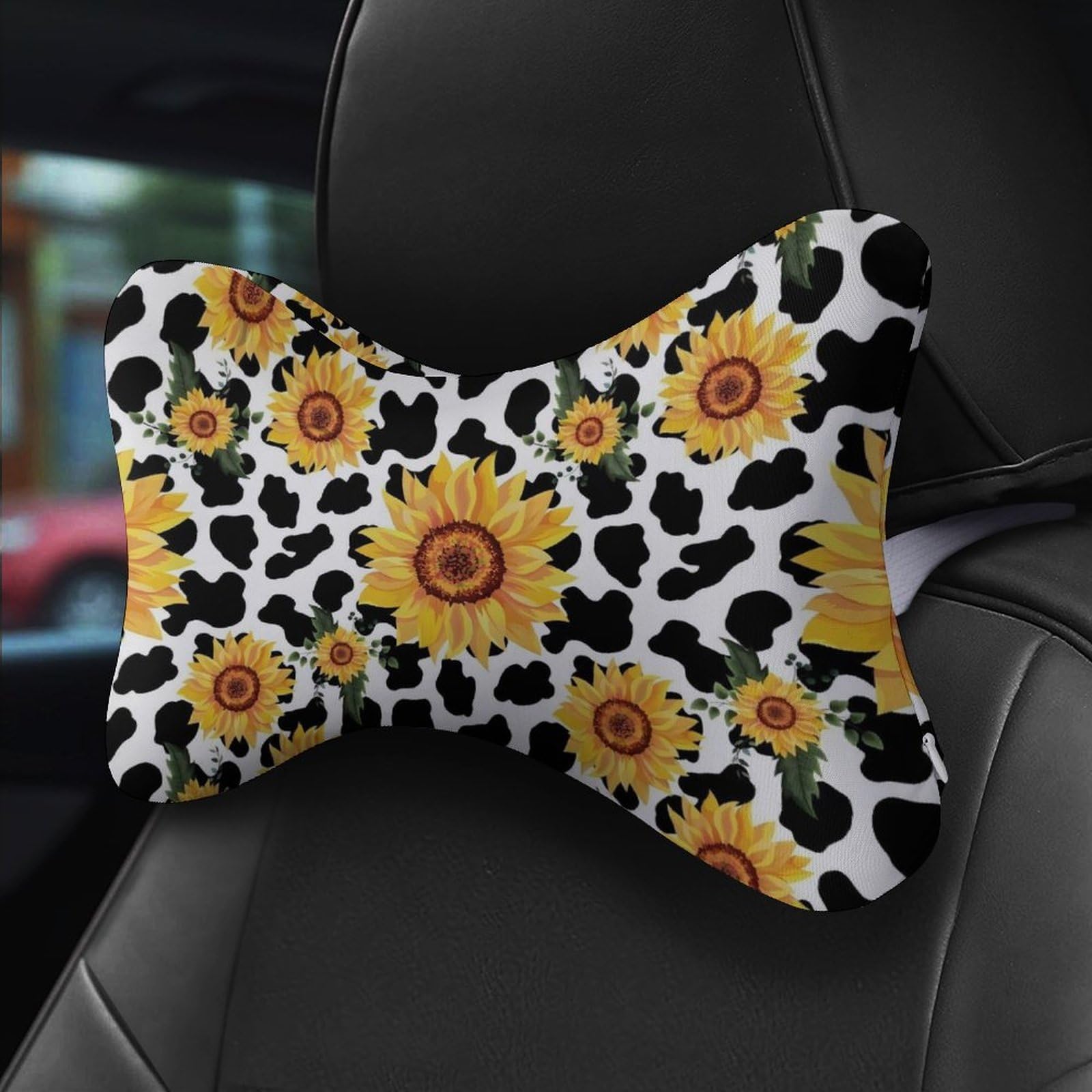 SMAZDFXX Sunflower Cow Pattern Car Neck Pillow Set of 2 Car Seat Head Support Cushion Bone Pillows with Elastic Strap
