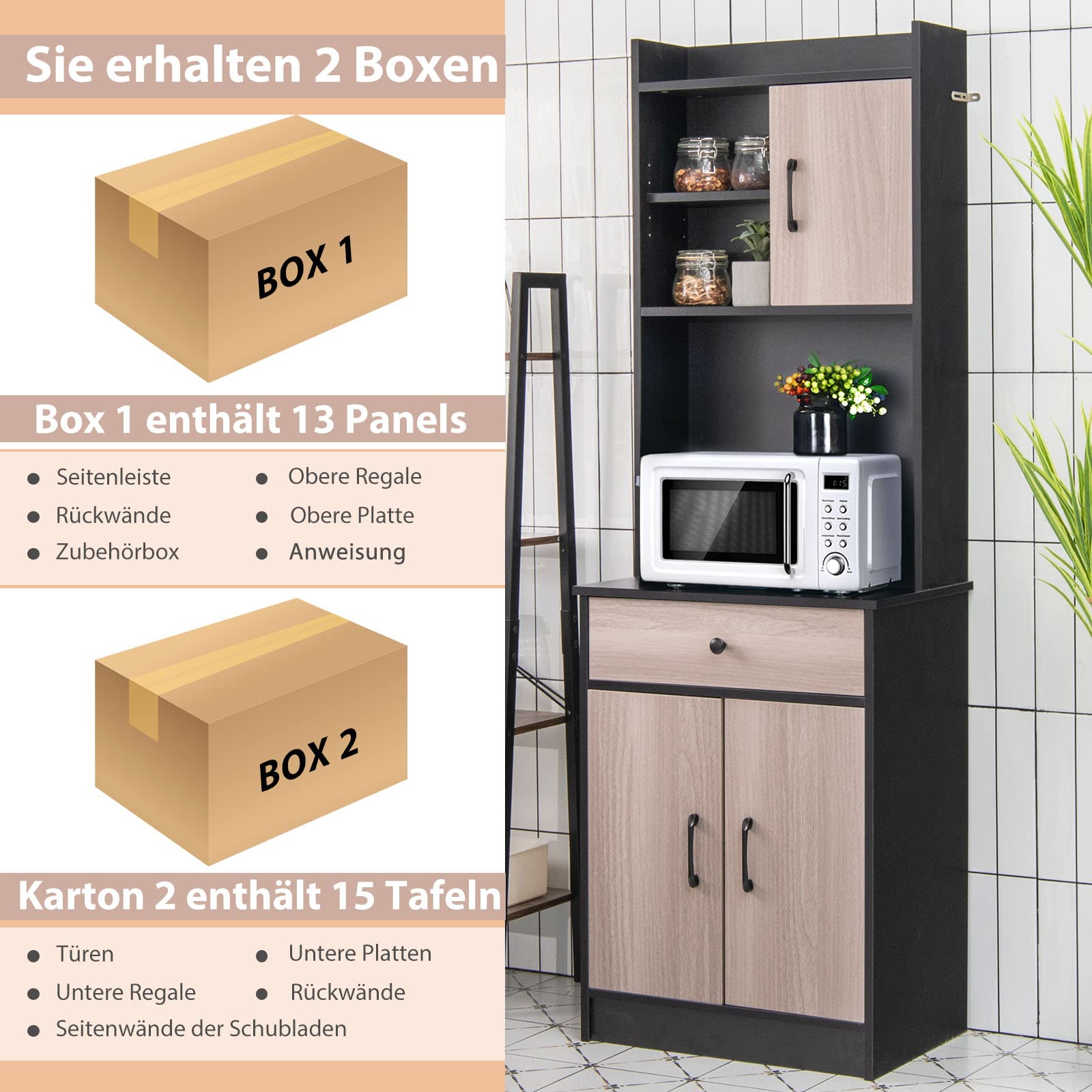 GOPLUS Szafka kuchenna, wolnostojąca szafka z szeroką szufladą, regulowane półki, 2 drzwi, gładki blat regałowy, szafka do przechowywania do jadalni, kuchni, salonu, restauracji (czarna)