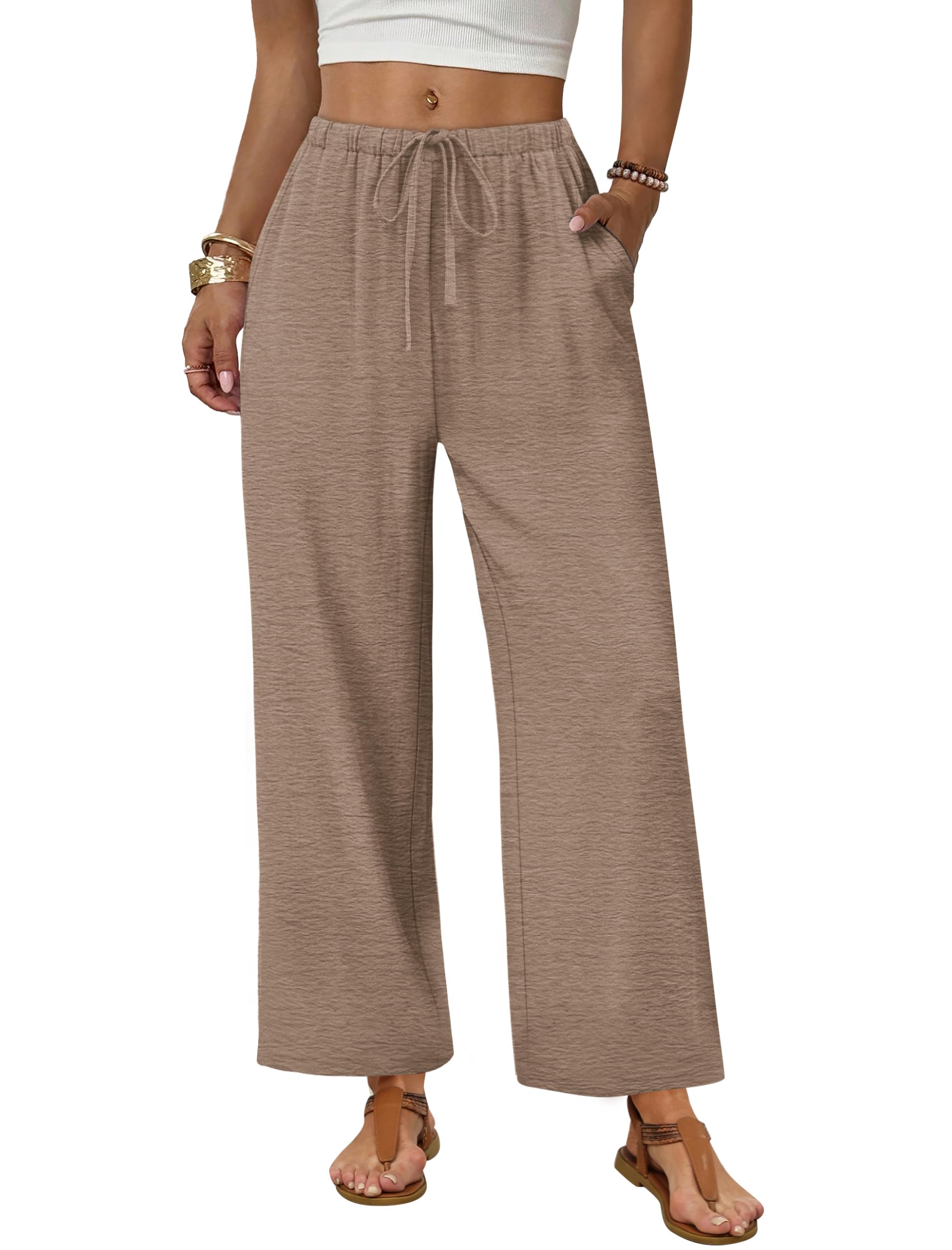 Sampeel Wide Leg Pants Women Casual Palazzo Drawstring Elastic Waist Trousers with Pockets Summer Beach Vacation Clothes — view 9