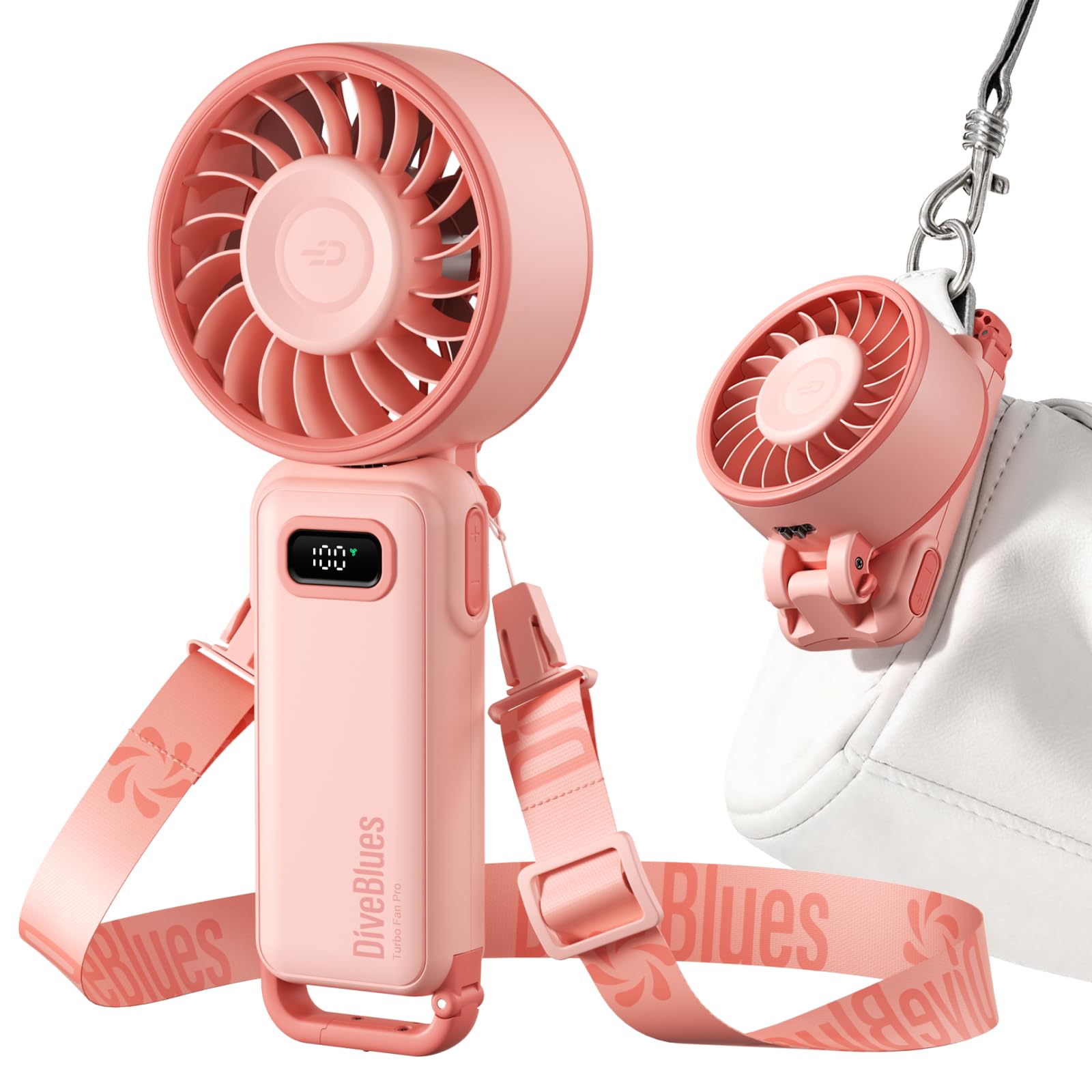Diveblues - Handventilator Akku Aufladbar - 100 Stunfen Mini Ventilator Leistungsstarker Luftstrom mit Turbo-Technologie, 4 in 1 Tragbarer Ventilator 180° Faltbarer Bis zu 12 Stunden Kühlung