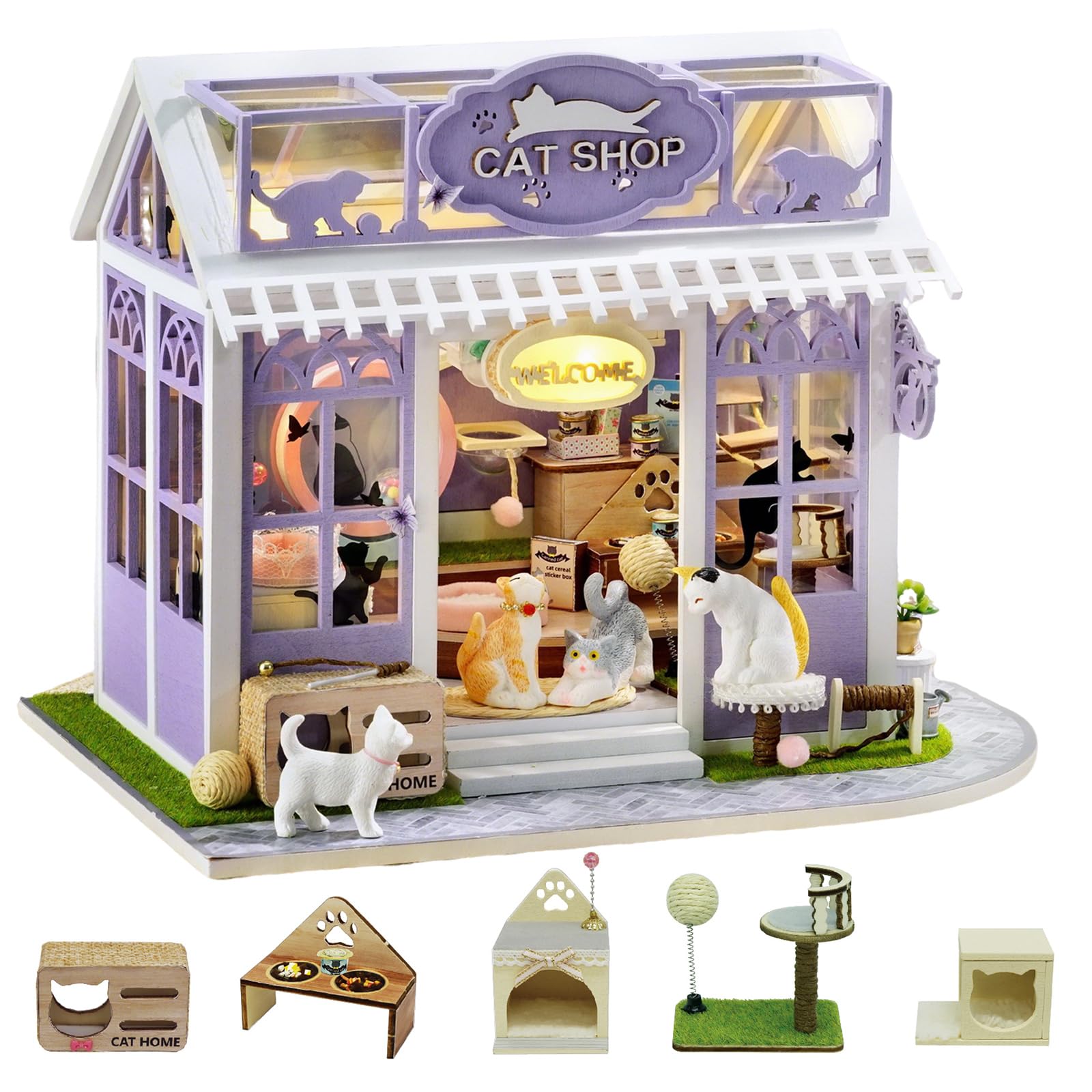CUTEROOM Kit per casa in miniatura per adulti, mini kit di mobili in legno per casa delle bambole, kit fai da te per stanza creativa piccola casa per decorazione - Kitten Paradise