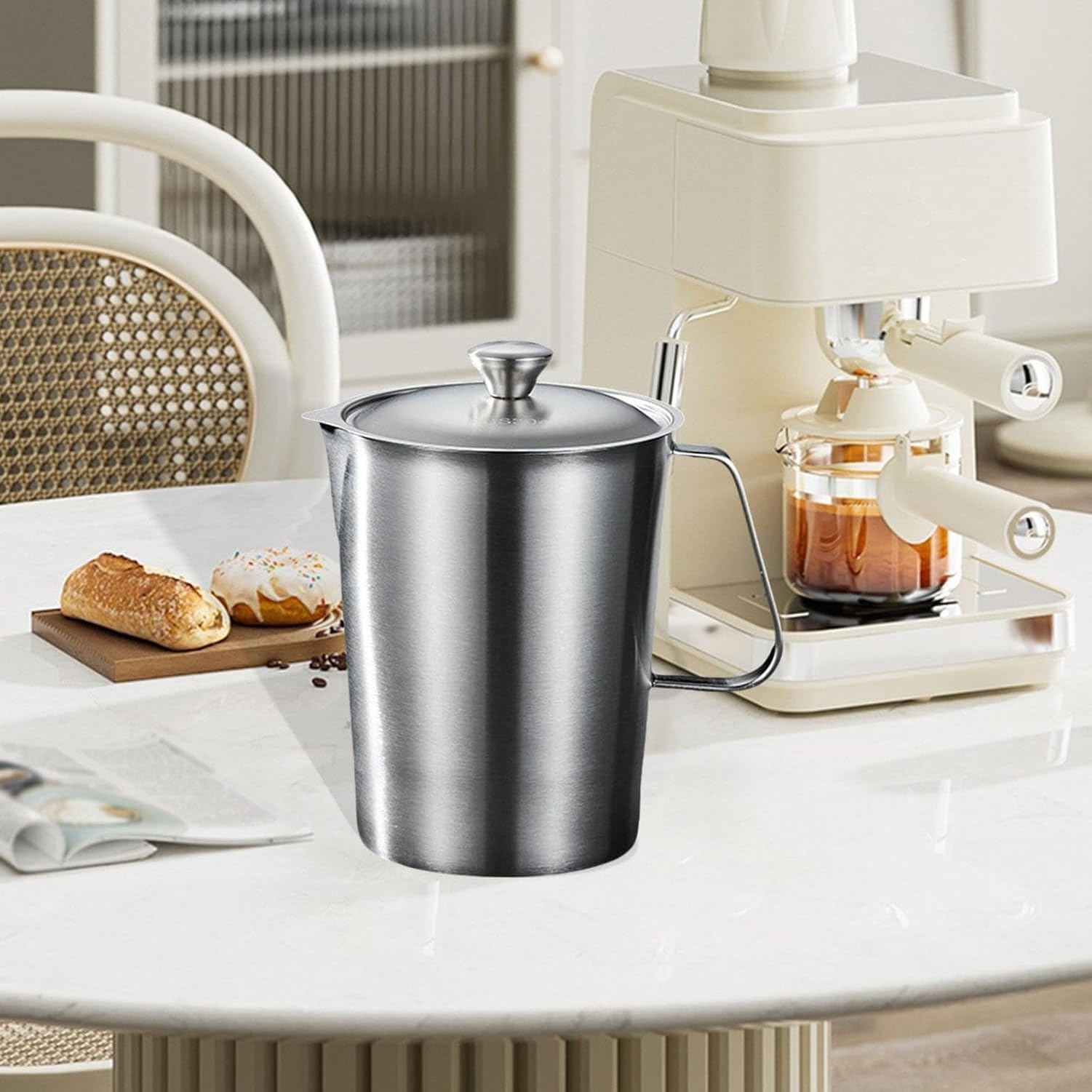 Bicchiere Dosatore in Acciaio Inox 350ml, Brocca per Montare Latte e Schiuma con Manico, Lattiera per caffè e Dolci, Recipiente Multiper Questi, 2000ml, 2000ml