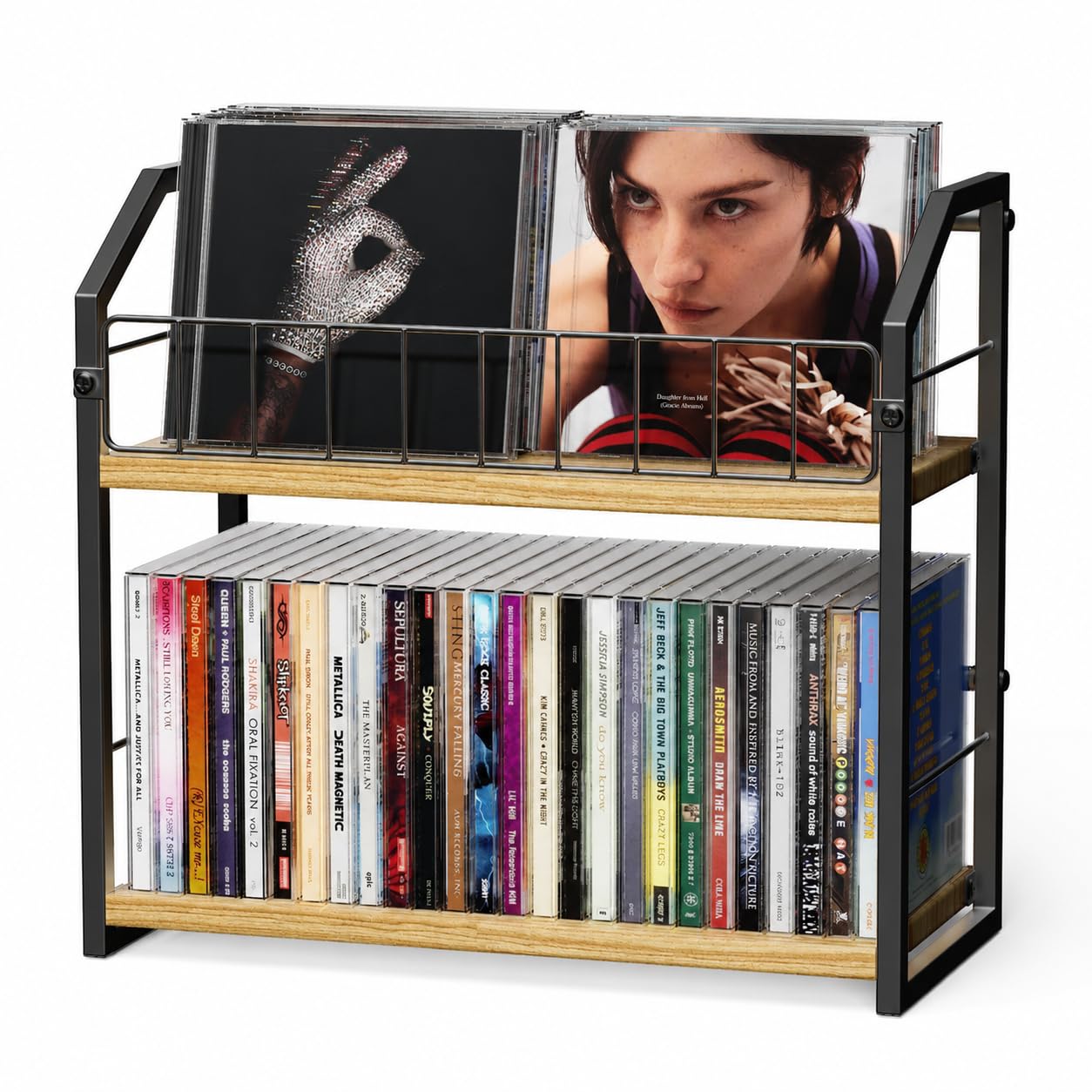 CD Storage Rack, 2 Tier CD holder &amp; Display, 60 Capacity-Natural Wood