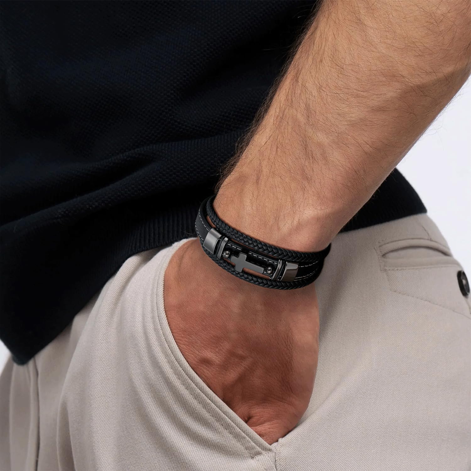 Mens Bracelet Cross Multilayer Black Braided Genuine Leather Bracelet for Men Christian Jewelry 316L Stainless Steel Clasp Religious Gift for Men - Image 6